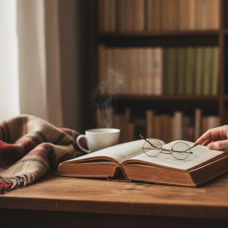 Un vieux livre relié ouvert sur un bureau en bois patiné — illustration de « Mon auteur du moment : Tatiana de Rosnay »