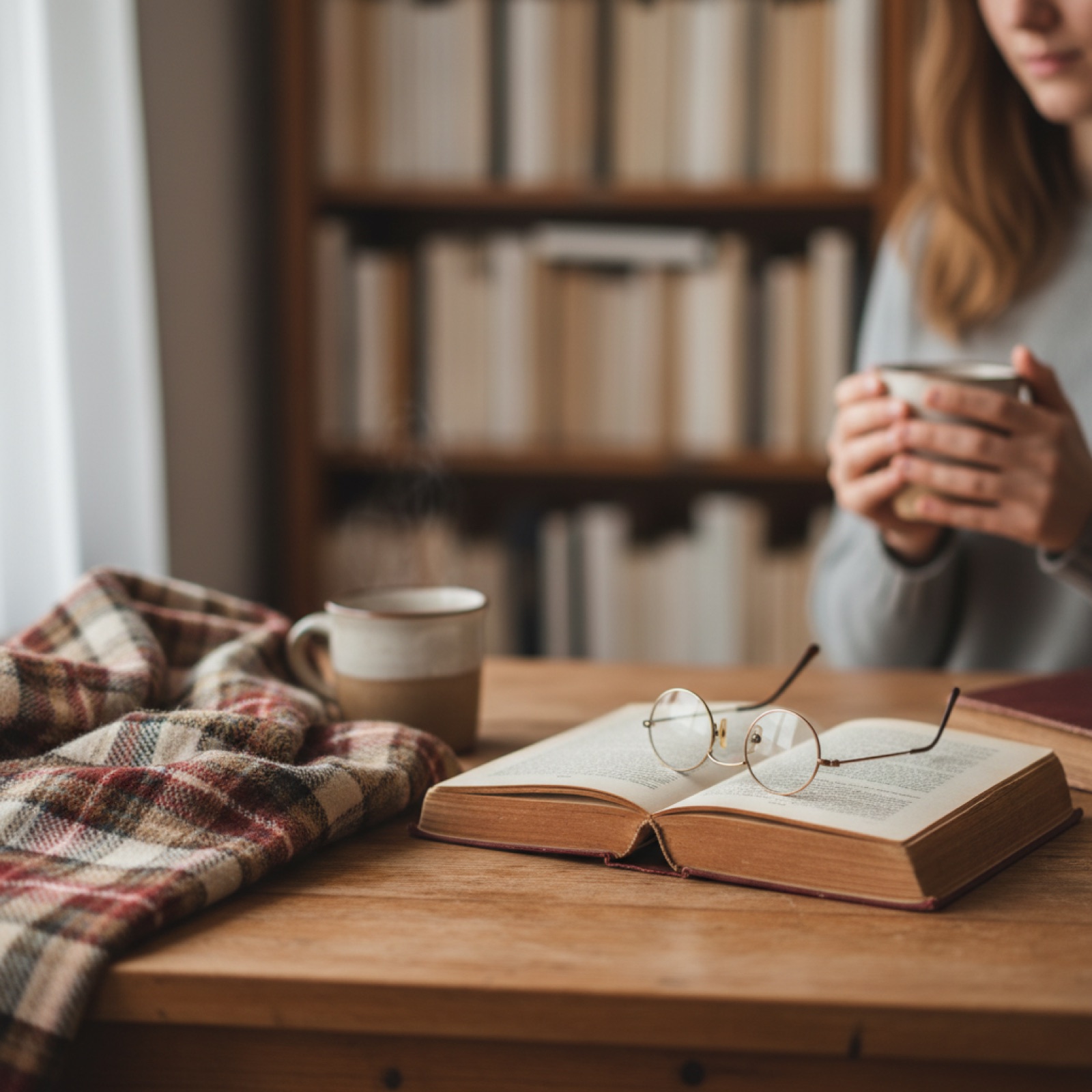 Un vieux livre relié ouvert sur un bureau en bois patiné — illustration de « Résolutions de lectrice : le carnet, l'objectif, et pourquoi tout s'écroule en février »