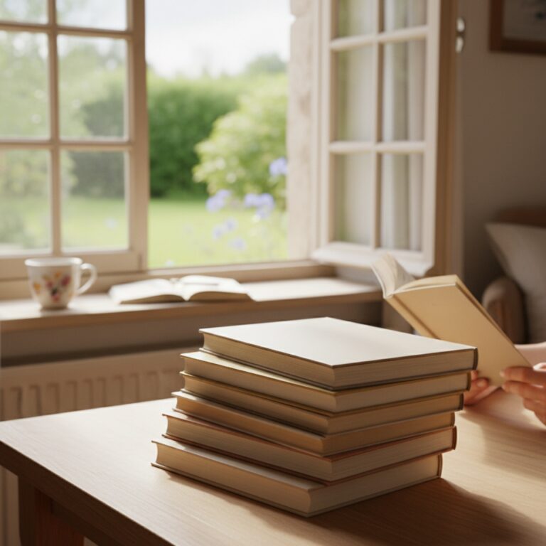 Une pile de classiques reliés aux tranches dorées près d'une fenêtre à croisillons — illustration de « [Classique Challenge] Lady Susan, de Jane Austen »