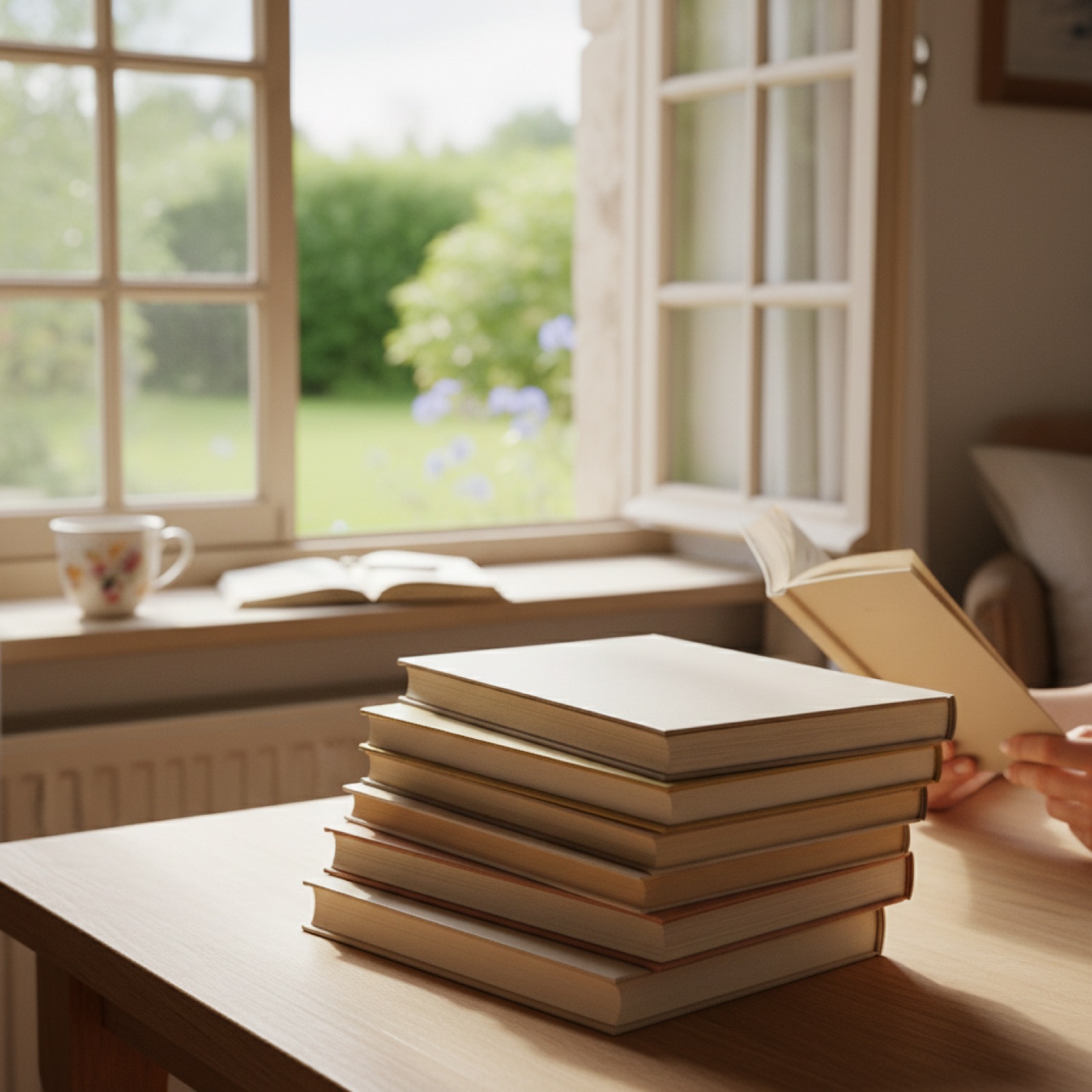 Une pile de classiques reliés aux tranches dorées près d'une fenêtre à croisillons — illustration de « [Classique Challenge] Lady Susan, de Jane Austen »