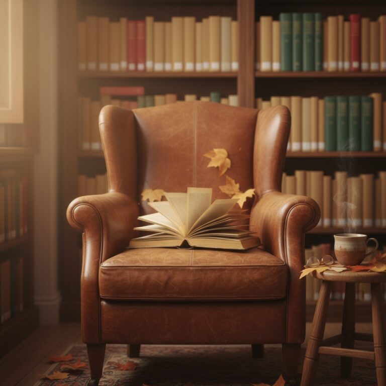 Un fauteuil en cuir dans une bibliothèque — illustration de « Corner les pages, lire la fin, abandonner : examen de conscience de lectrice »