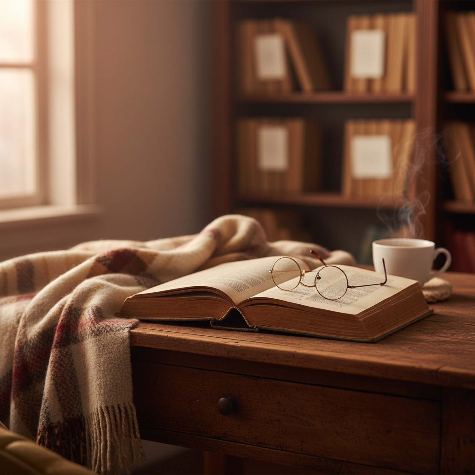 Un vieux livre relié ouvert sur un bureau en bois patiné — illustration de « Lire en musique : ce qui fonctionne, et pourquoi les paroles gâchent tout »