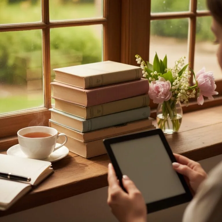 Une pile de classiques reliés aux tranches dorées près d'une fenêtre à croisillons — illustration de « Le budget livres : lire beaucoup sans se ruiner »