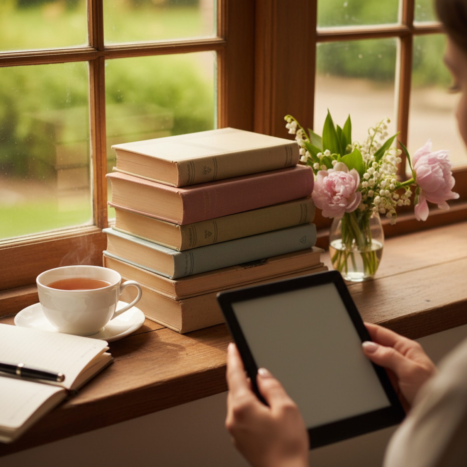 Une pile de classiques reliés aux tranches dorées près d'une fenêtre à croisillons — illustration de « Le budget livres : lire beaucoup sans se ruiner »