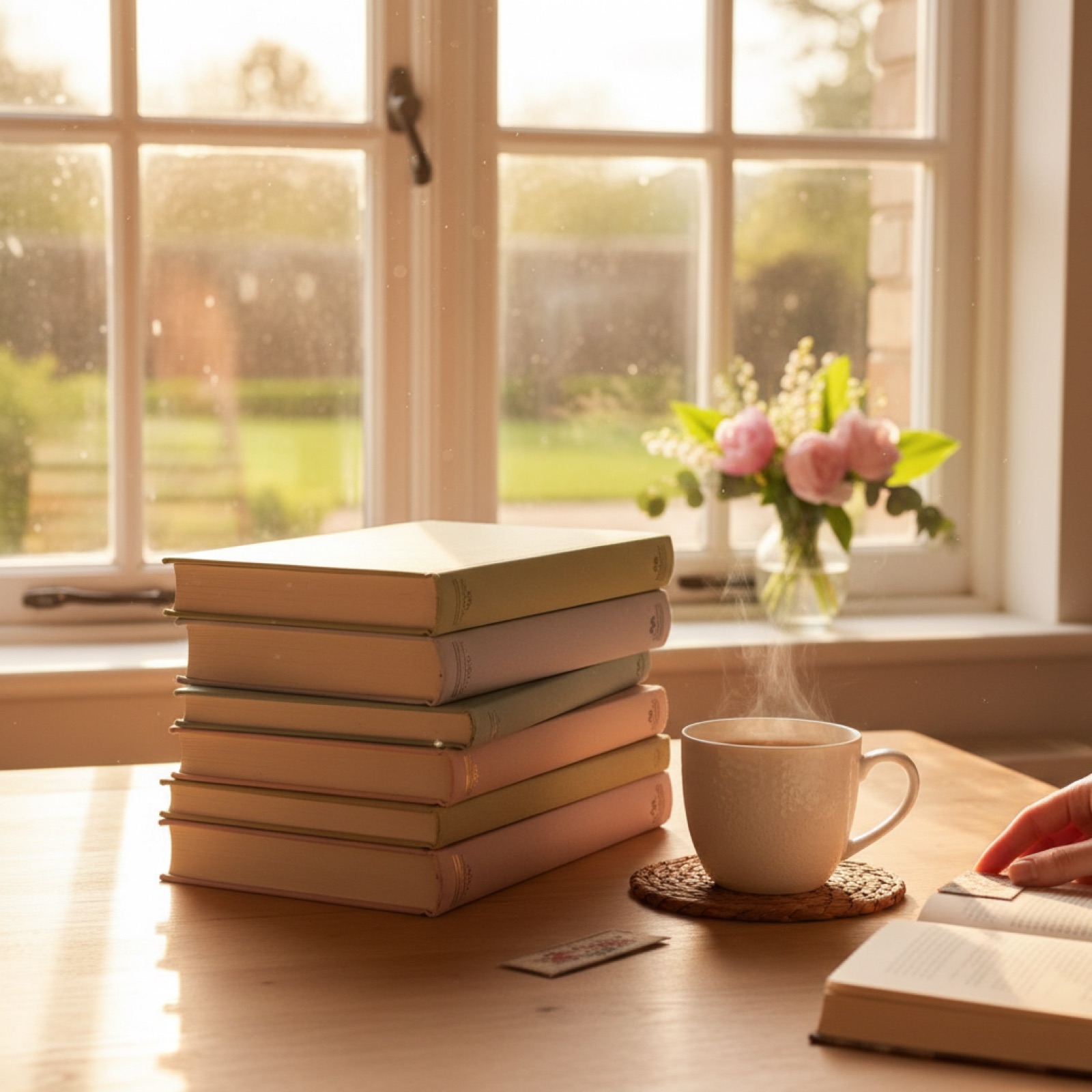 Une pile de classiques reliés aux tranches dorées près d'une fenêtre à croisillons — illustration de « TFMA : Sésame, ouvre-toi ! Les maisons de cinéma où je poserais mes valises »