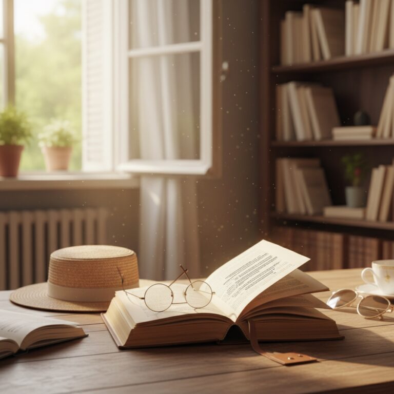 Un vieux livre relié ouvert sur un bureau en bois patiné — illustration de « [Arrêt sur image] Le temps d'un été (Evening) »