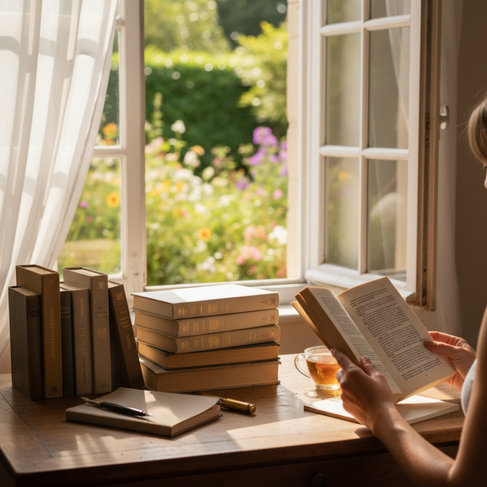 Une pile de classiques reliés aux tranches dorées près d'une fenêtre à croisillons — illustration de « Offrir un livre sans se tromper : ma méthode et les pièges classiques »