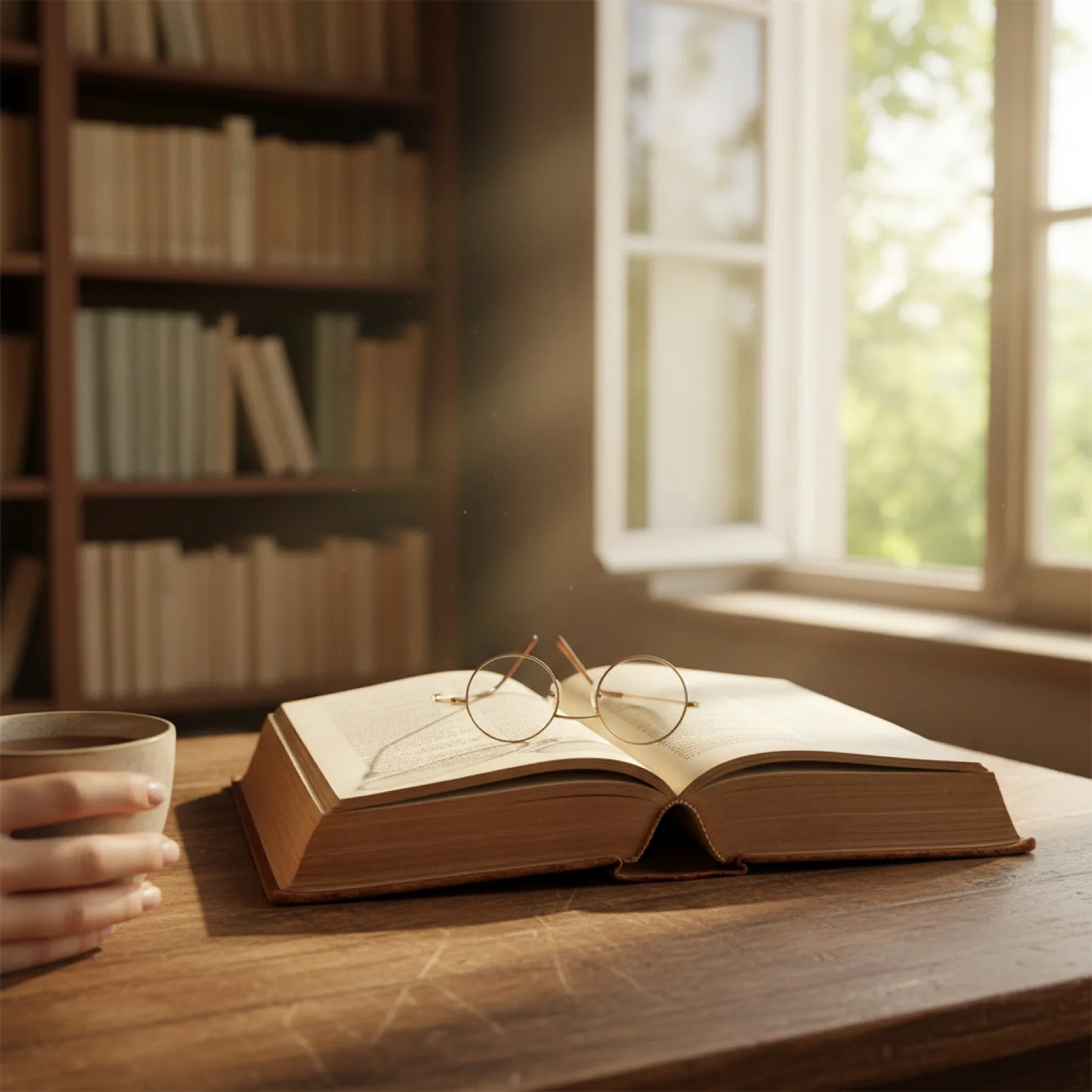 Un vieux livre relié ouvert sur un bureau en bois patiné — illustration de « Lire en anglais dans le texte quand on n'est pas bilingue »