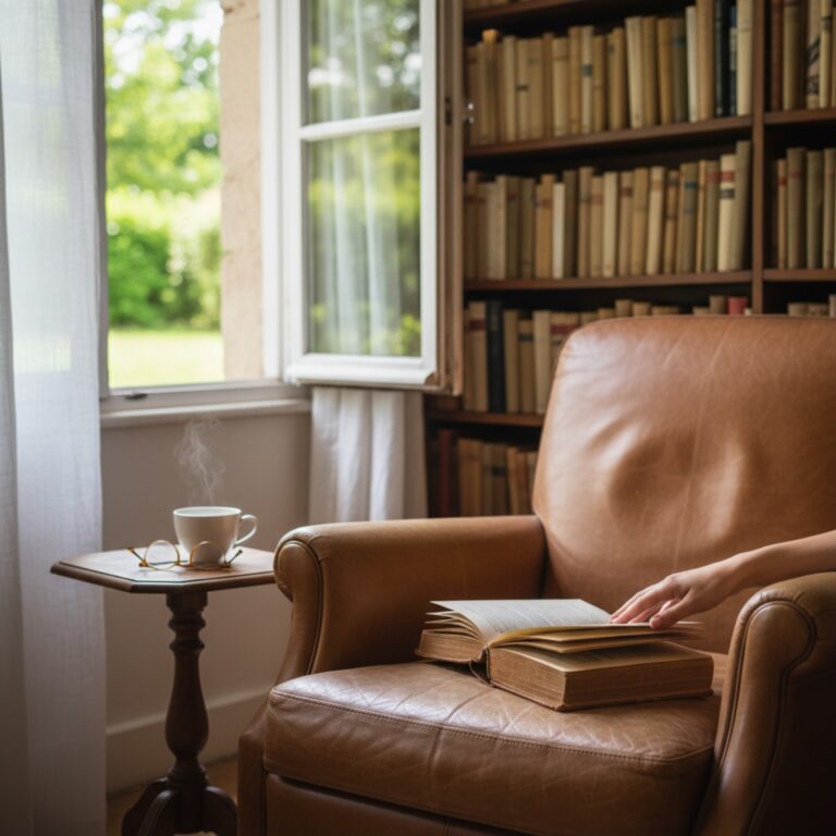 Un fauteuil en cuir dans une bibliothèque — illustration de « TFMA : the look, the elegance and the wardrobe »