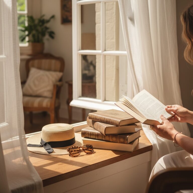 Une pile de classiques reliés aux tranches dorées près d'une fenêtre à croisillons — illustration de « La panne de lecture : quand plus aucun livre ne veut s'ouvrir »