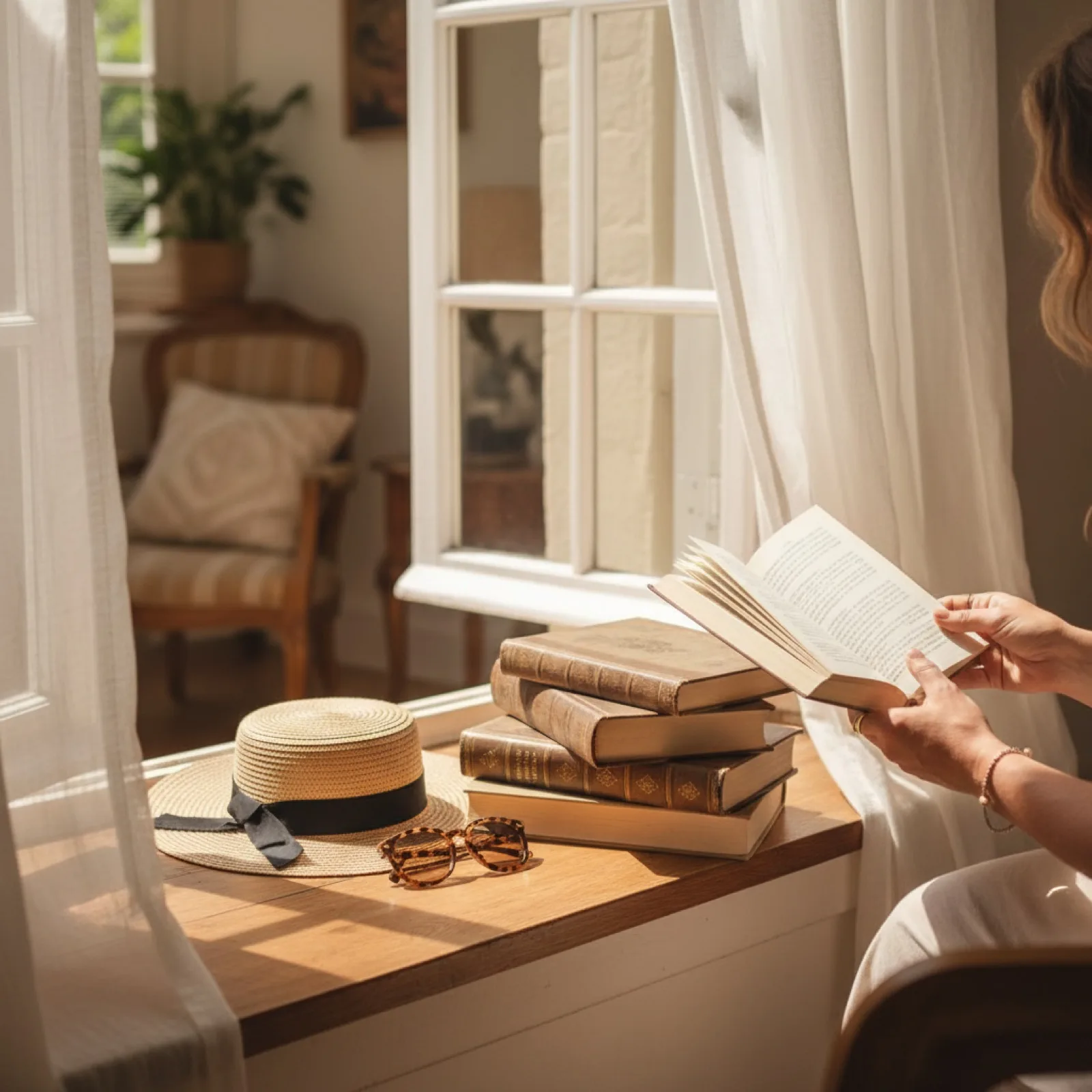 Une pile de classiques reliés aux tranches dorées près d'une fenêtre à croisillons — illustration de « La panne de lecture : quand plus aucun livre ne veut s'ouvrir »