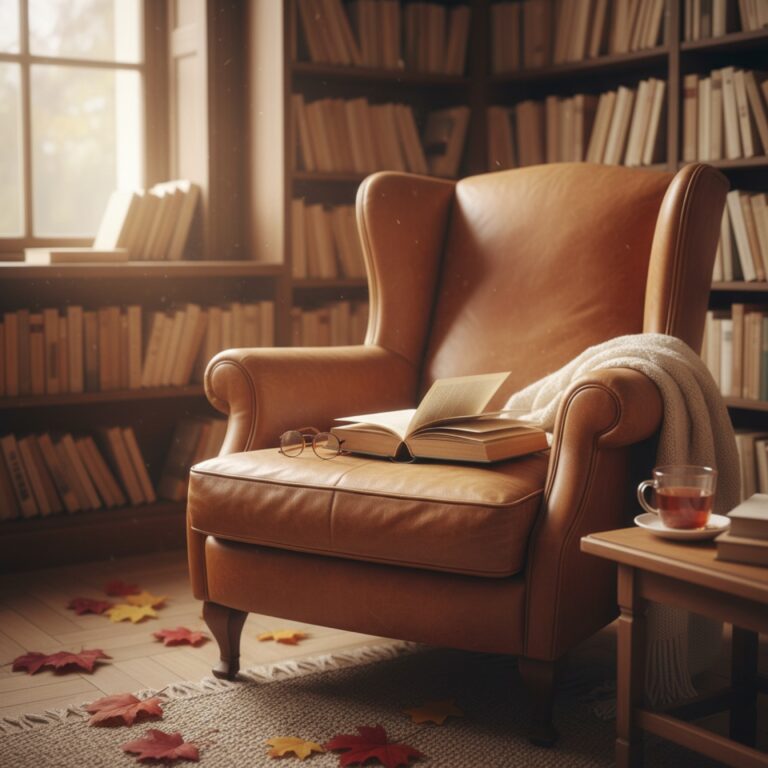 Un fauteuil en cuir dans une bibliothèque — illustration de « L'Angleterre des romans : Londres, le Yorkshire et les villes à cheminées »