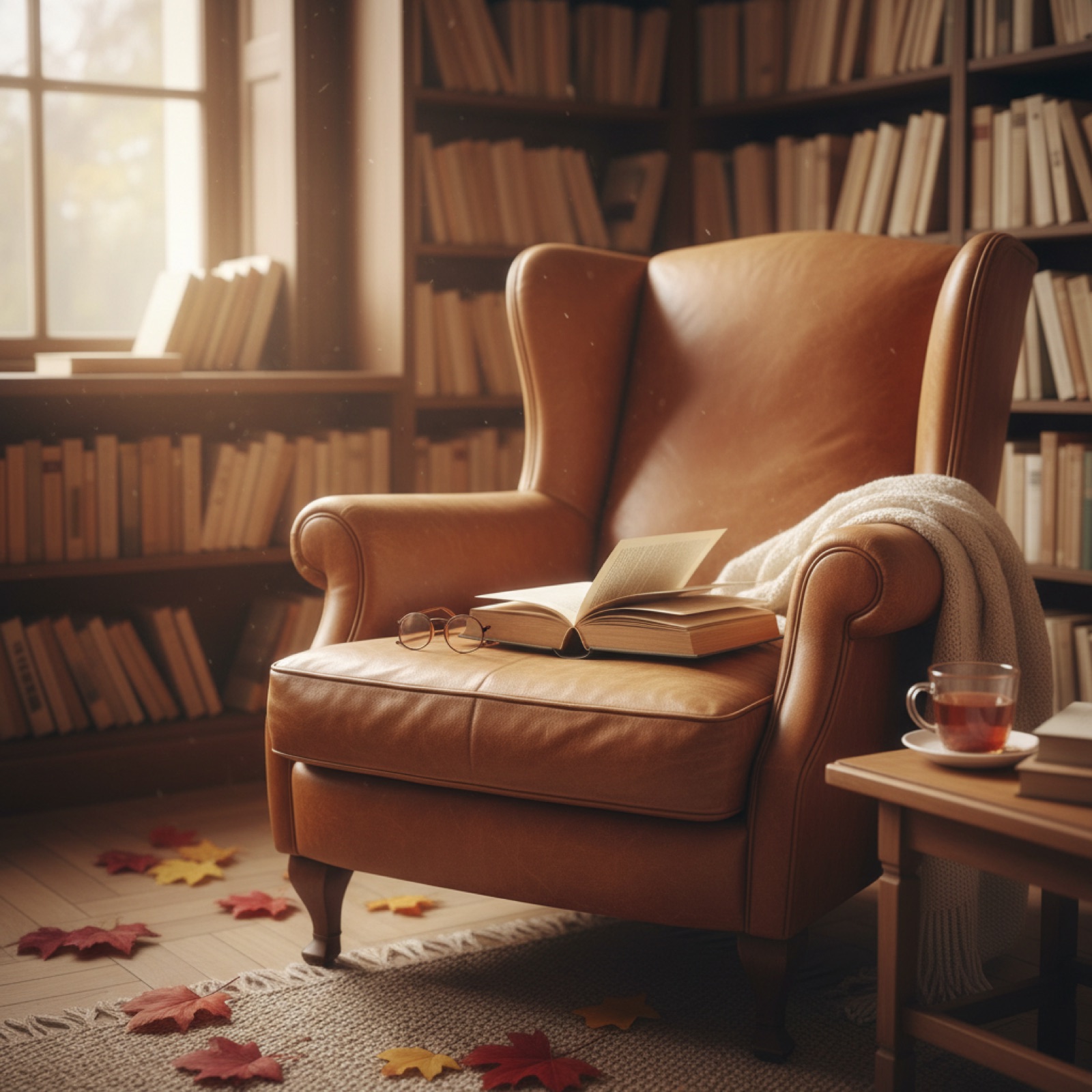 Un fauteuil en cuir dans une bibliothèque — illustration de « L'Angleterre des romans : Londres, le Yorkshire et les villes à cheminées »
