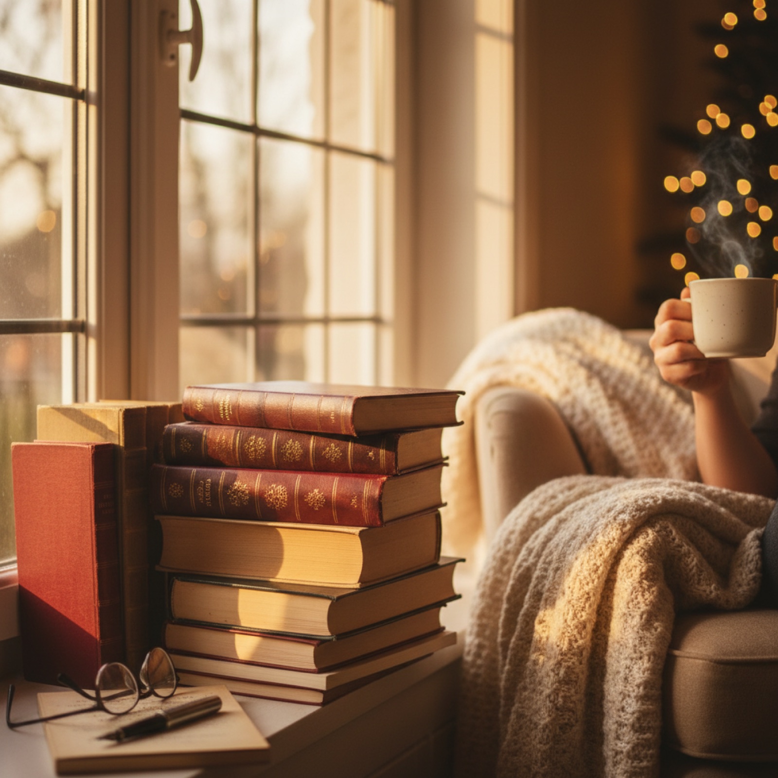 Une pile de classiques reliés aux tranches dorées près d'une fenêtre à croisillons — illustration de « Les romans qui accompagnent le deuil : quel livre offrir à quelqu'un qui vient de perdre un proche »