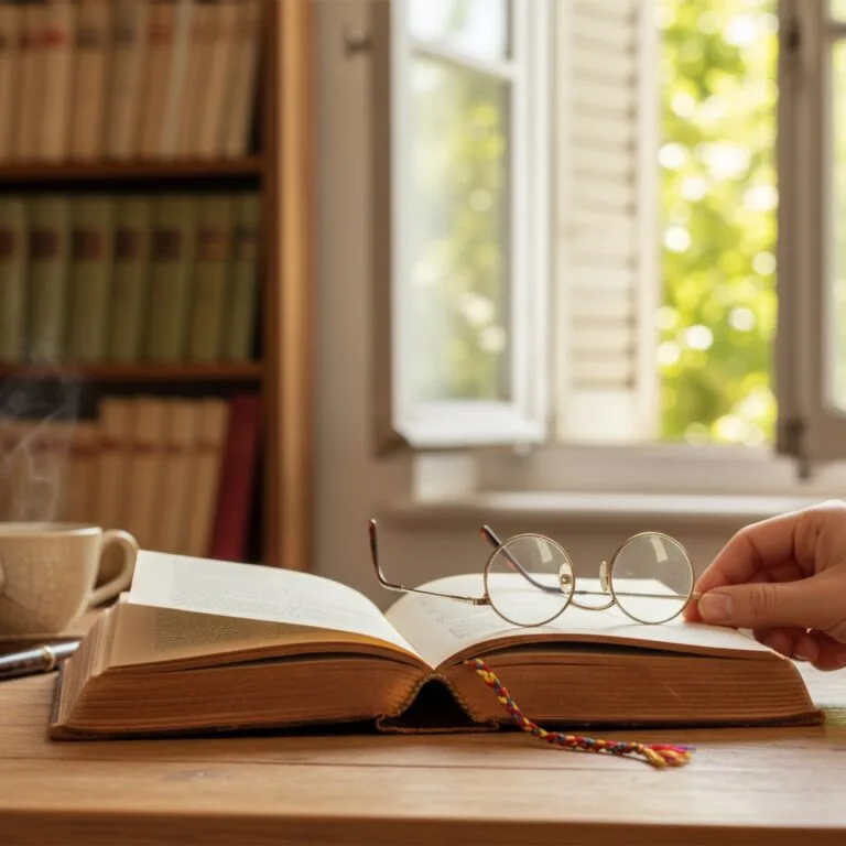Un vieux livre relié ouvert sur un bureau en bois patiné — illustration de « Marque-pages, carnets, lampes : ce qui sert vraiment quand on lit »