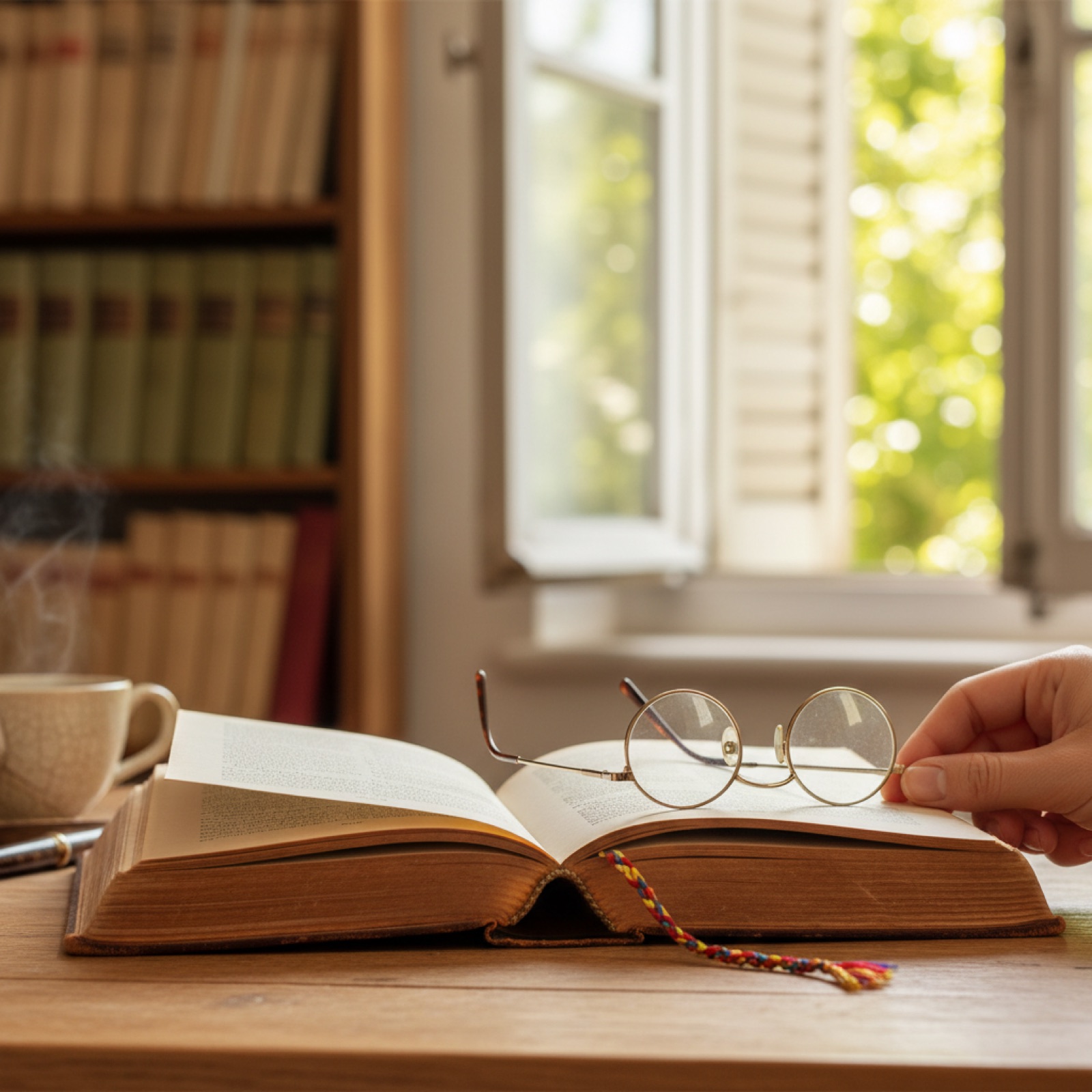 Un vieux livre relié ouvert sur un bureau en bois patiné — illustration de « Marque-pages, carnets, lampes : ce qui sert vraiment quand on lit »