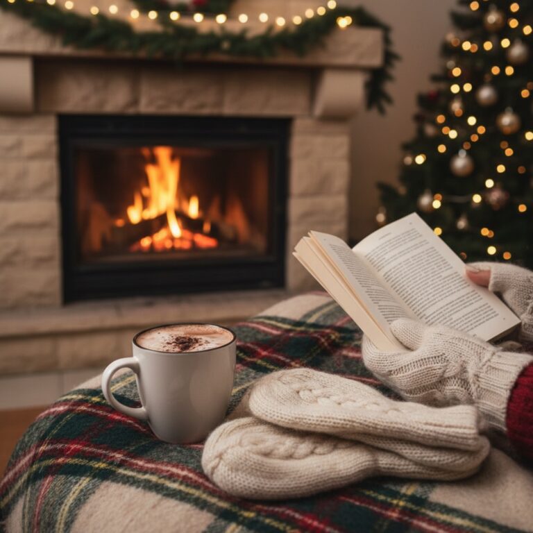 Un roman posé sur un plaid écossais près d'une cheminée — illustration de « La rousse qui croyait encore au Père-Noël de Suzanne Marty, une heure de bonne humeur »