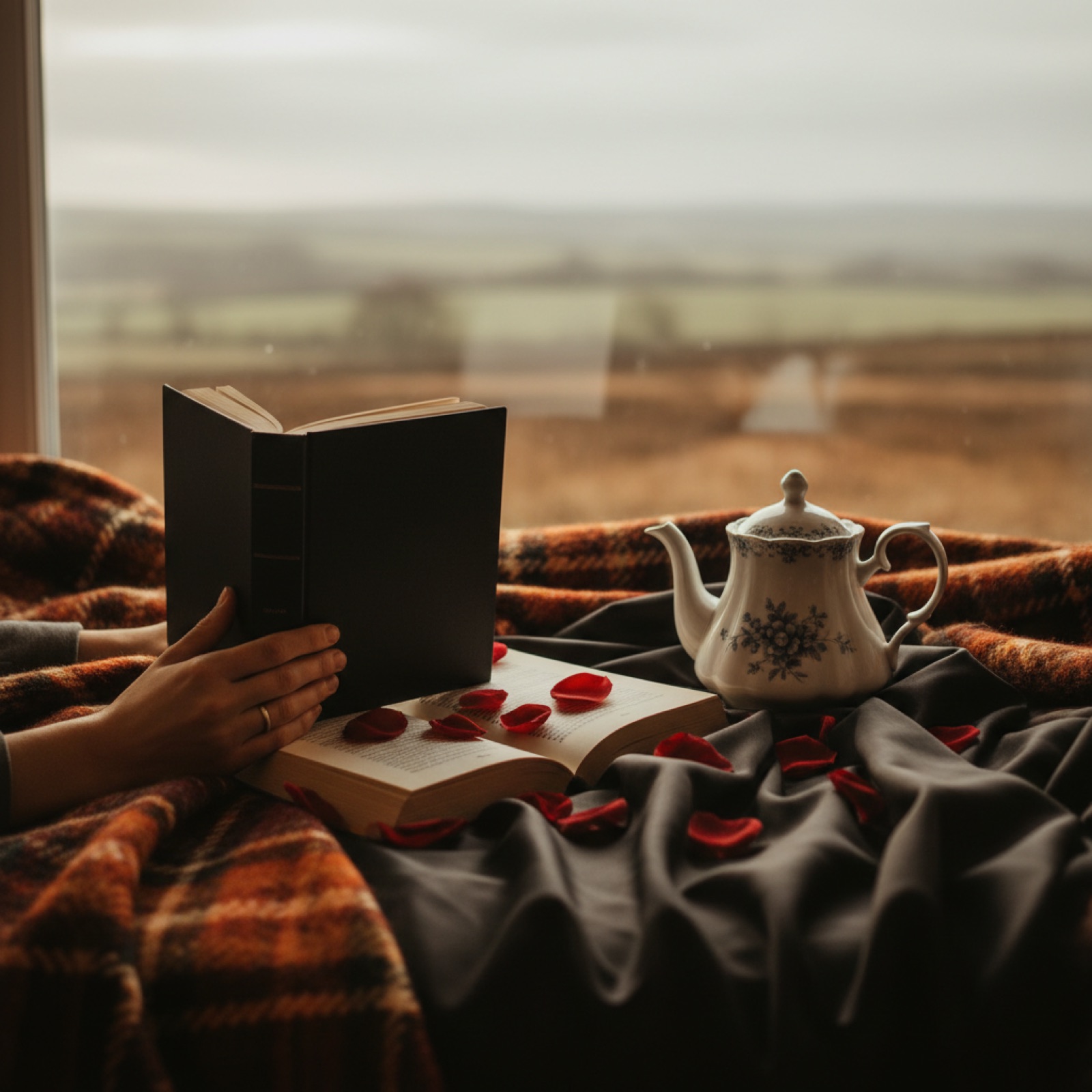 Un livre relié noir sur un drap de satin sombre — illustration de « Cinquante nuances de Grey sort aujourd'hui et je reste chez moi »