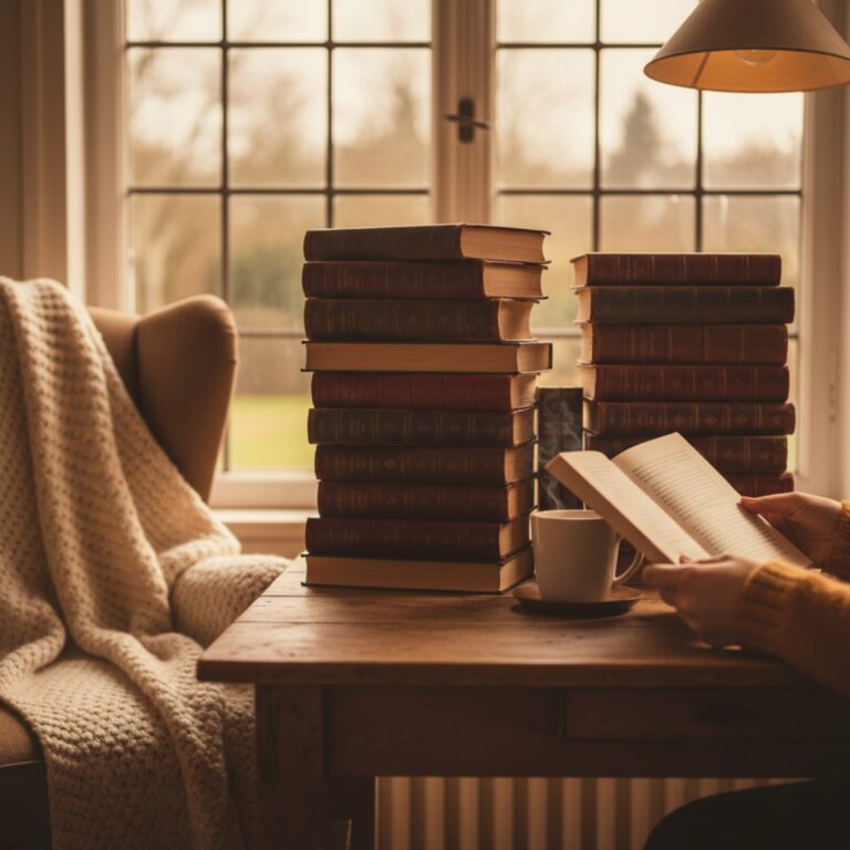 Une pile de classiques reliés aux tranches dorées près d'une fenêtre à croisillons — illustration de « Les plus belles déclarations d'amour sont celles qu'on ne finit pas »