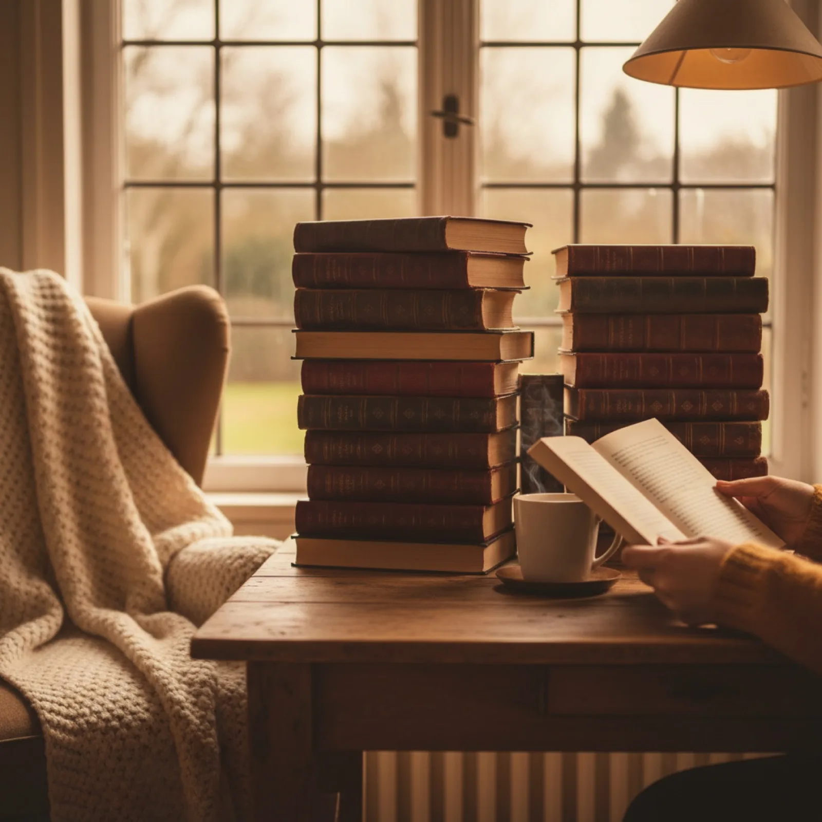 Une pile de classiques reliés aux tranches dorées près d'une fenêtre à croisillons — illustration de « Les plus belles déclarations d'amour sont celles qu'on ne finit pas »