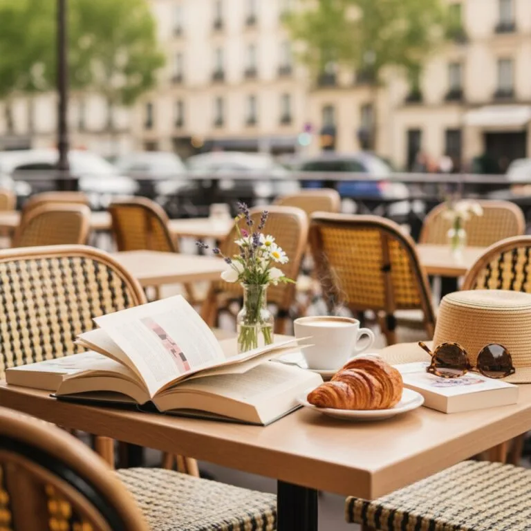 Un livre ouvert sur une table de café parisien en terrasse — illustration de Je peux très bien me passer de toi » : ma comédie coup de cœur avant l'heure