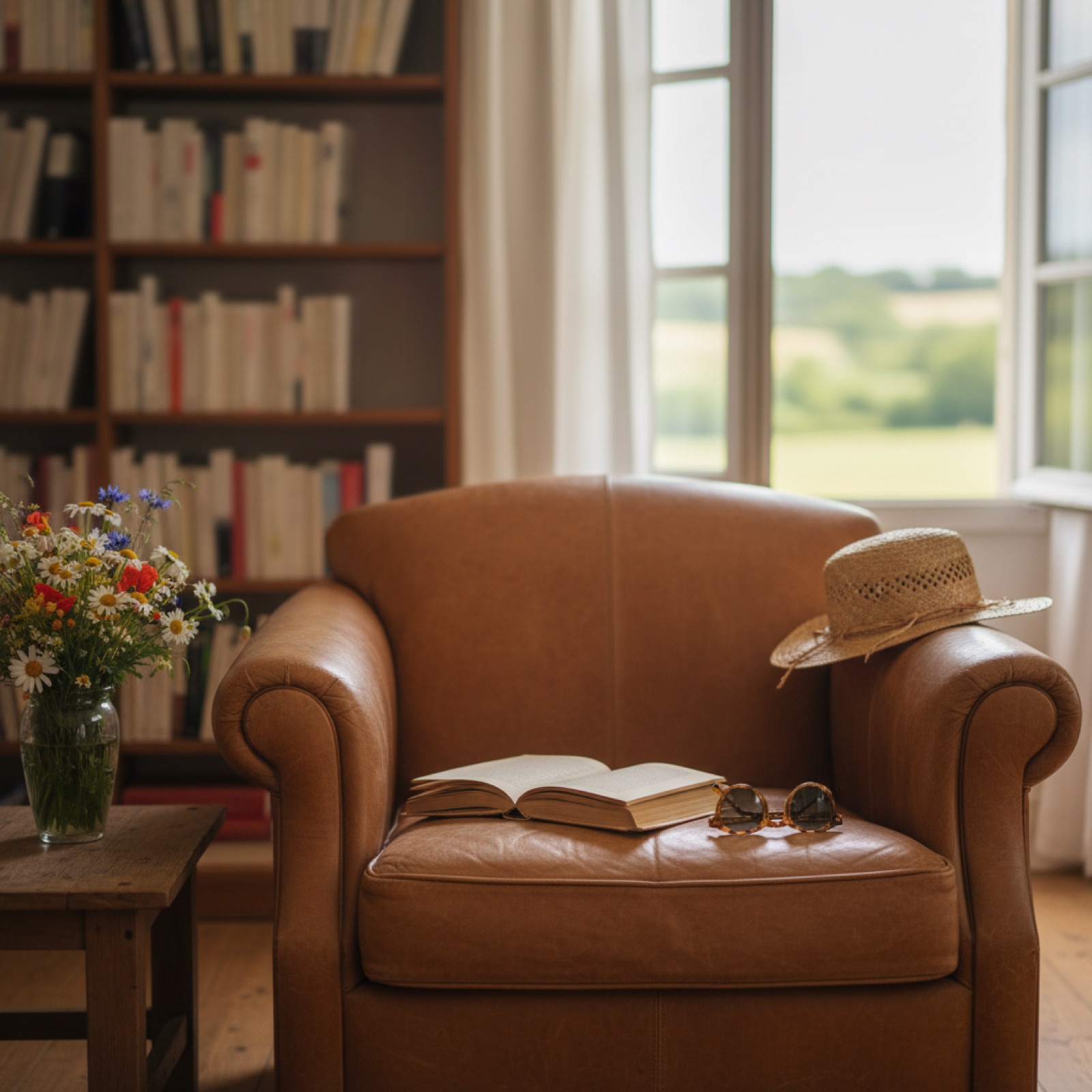Un fauteuil en cuir dans une bibliothèque — illustration de « Les séries de romans : pourquoi on s'accroche, et quand il faut lâcher »