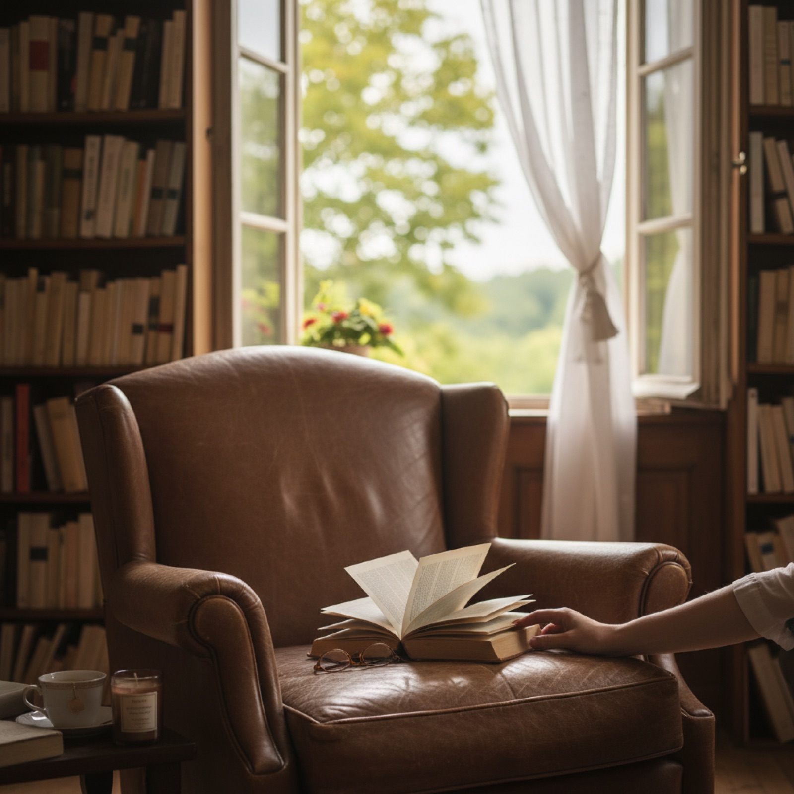 Un fauteuil en cuir dans une bibliothèque — illustration de « Des bleus au cœur de Louisa Reid, deux sœurs et un silence de plomb »