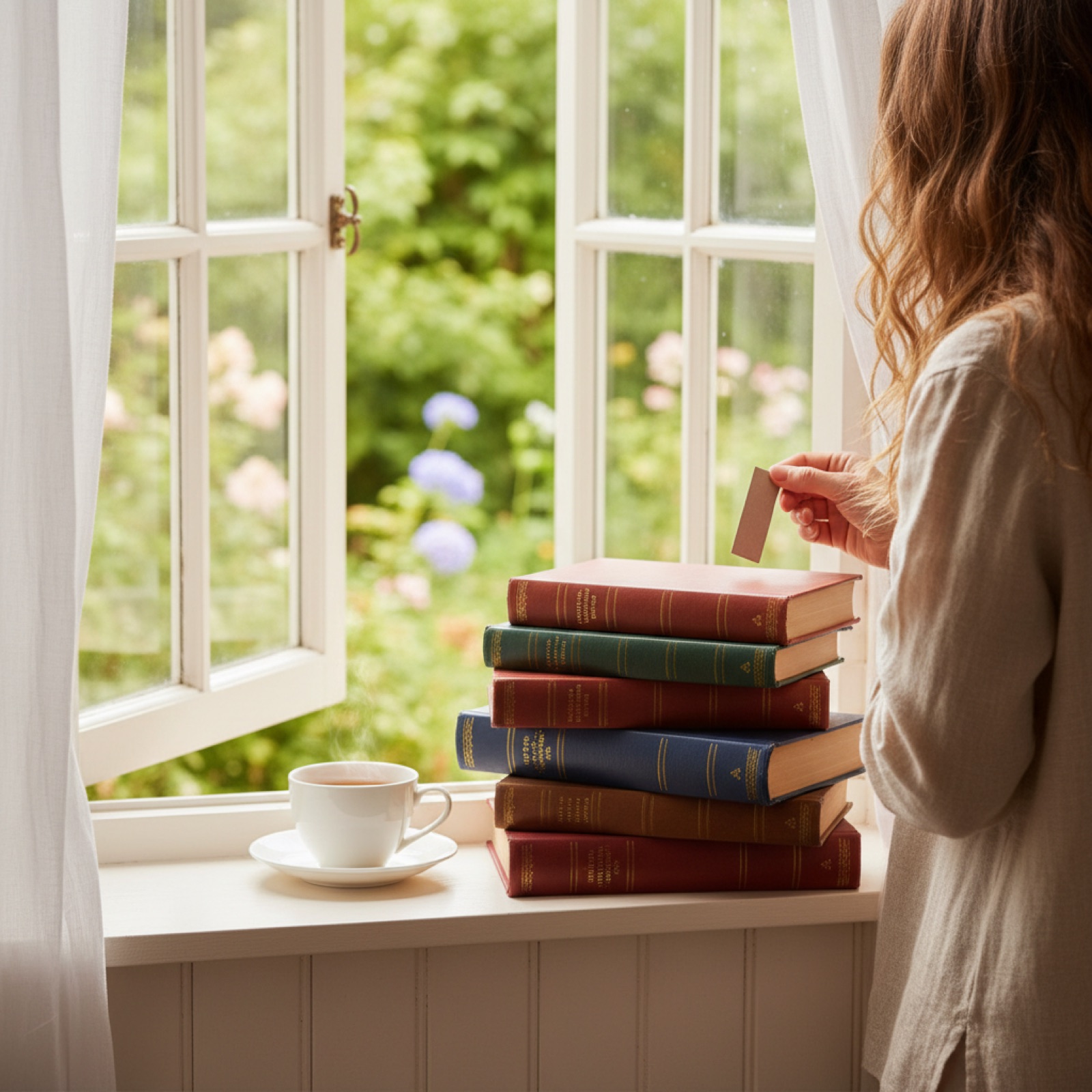 Une pile de classiques reliés aux tranches dorées près d'une fenêtre à croisillons — illustration de « La conversation amoureuse d'Alice Ferney, un roman qui se dérobe »