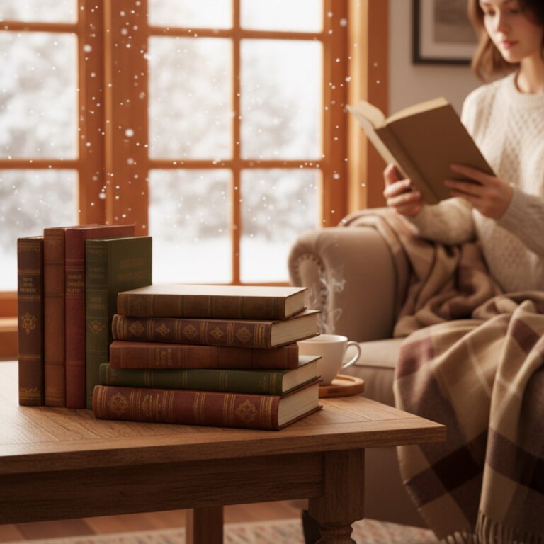 Une pile de classiques reliés aux tranches dorées près d'une fenêtre à croisillons — illustration de « « Dans la tourmente », saga familiale québécoise à ne pas rater ! »