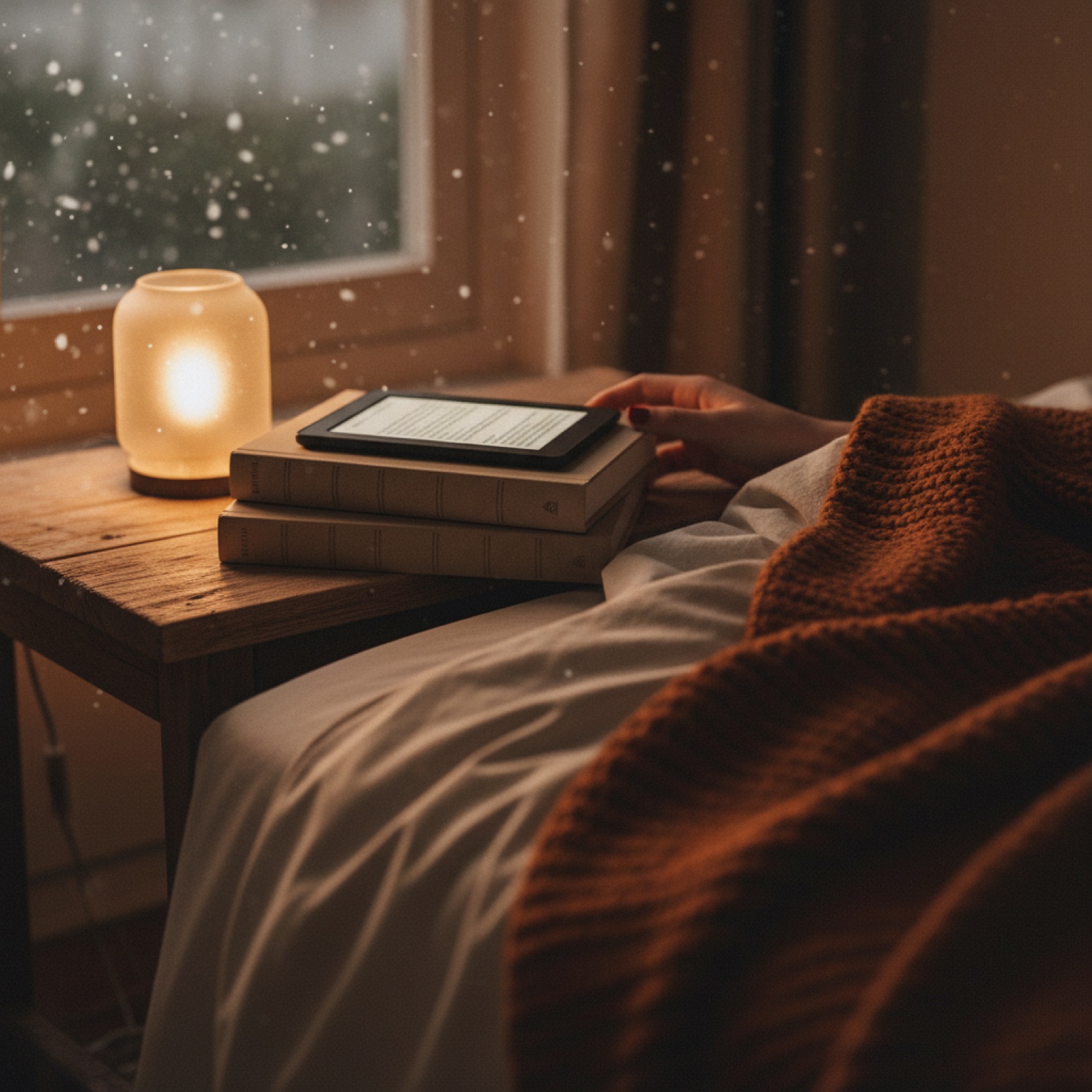 Une liseuse et un roman empilés sur une table de chevet le soir — illustration de « « Ugly Love », on ne maîtrise pas l'amour »
