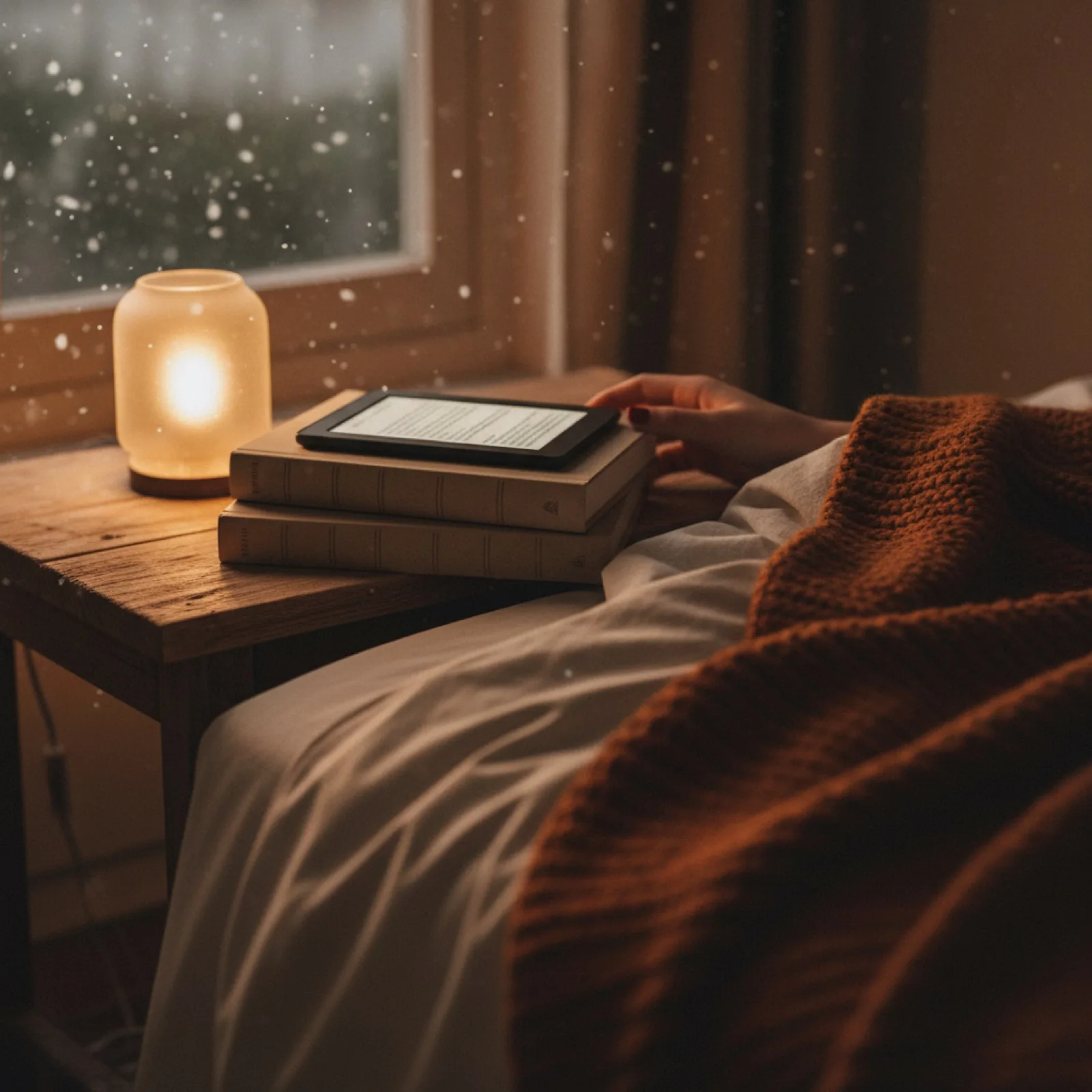 Une liseuse et un roman empilés sur une table de chevet le soir — illustration de « « Ugly Love », on ne maîtrise pas l'amour »
