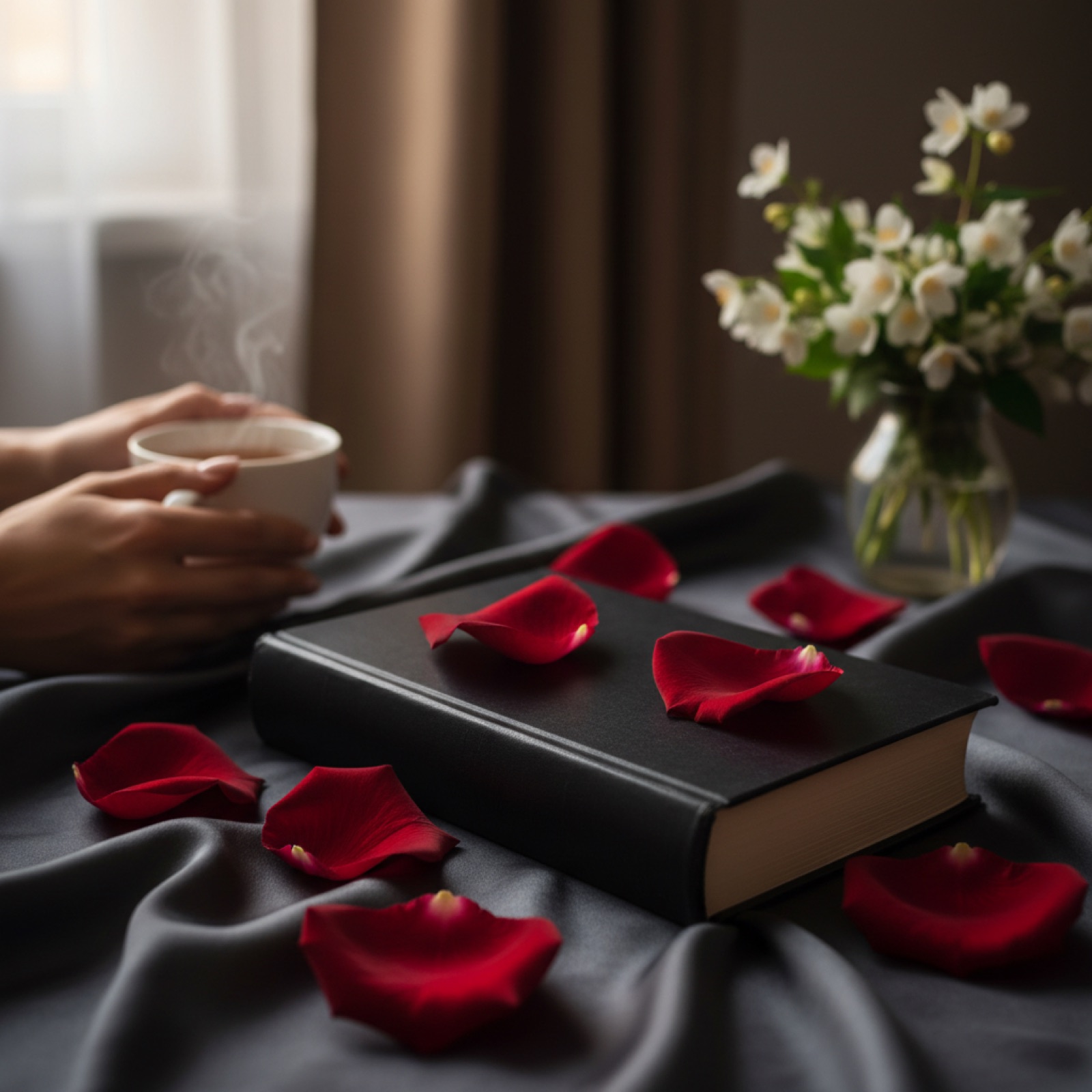 Un livre relié noir sur un drap de satin sombre — illustration de « « Partie fine » de Selen Itoka, un huis clos choral »
