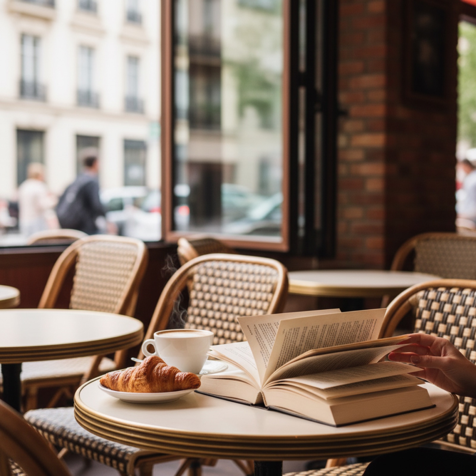 Un livre ouvert sur une table de café parisien en terrasse — illustration de « « La vie est un arc-en-ciel », quarante ans de lettres entre Rosie et Alex »