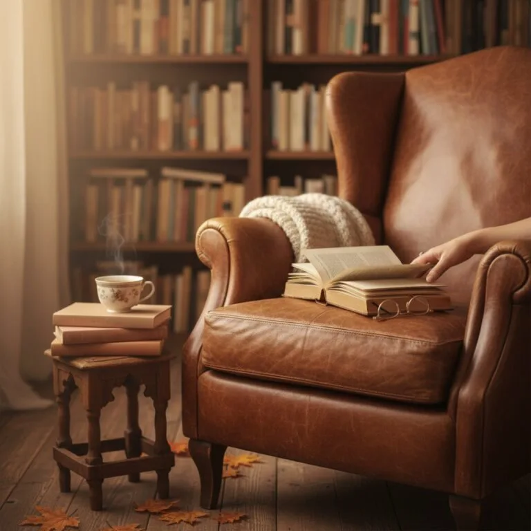 Un fauteuil en cuir dans une bibliothèque — illustration de « « Sortie de piste », quarante-cinq minutes de l'autre côté »