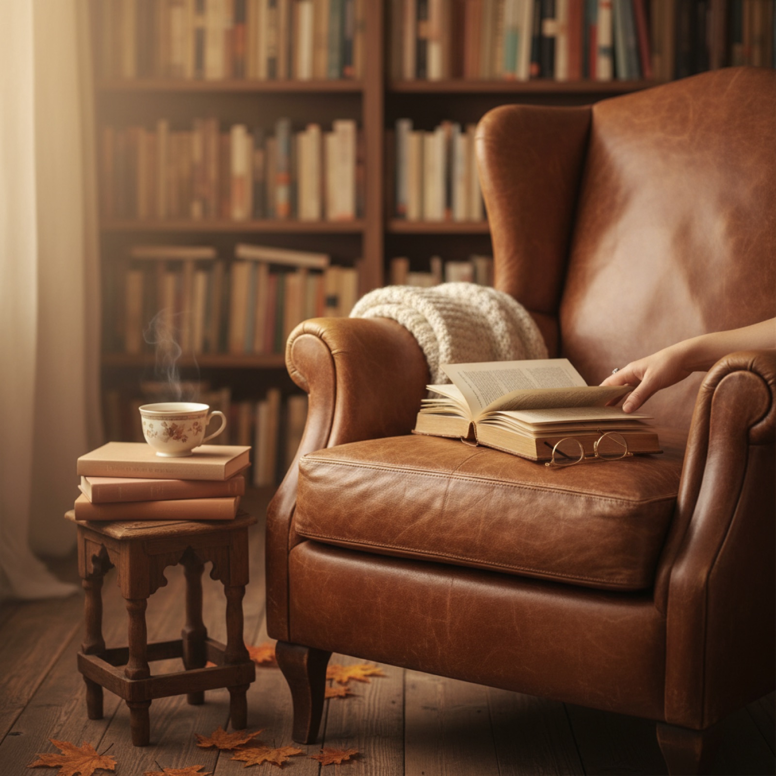 Un fauteuil en cuir dans une bibliothèque — illustration de « « Sortie de piste », quarante-cinq minutes de l'autre côté »