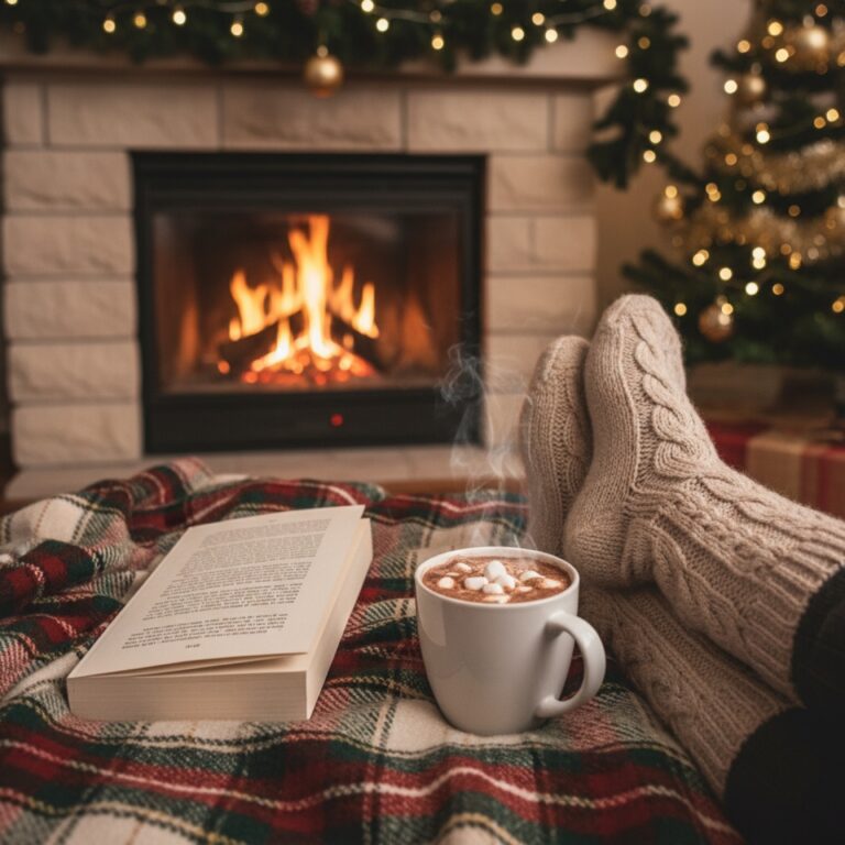 Un roman posé sur un plaid écossais près d'une cheminée — illustration de Flocons d'amour » : mon recueil de Noël à trois voix