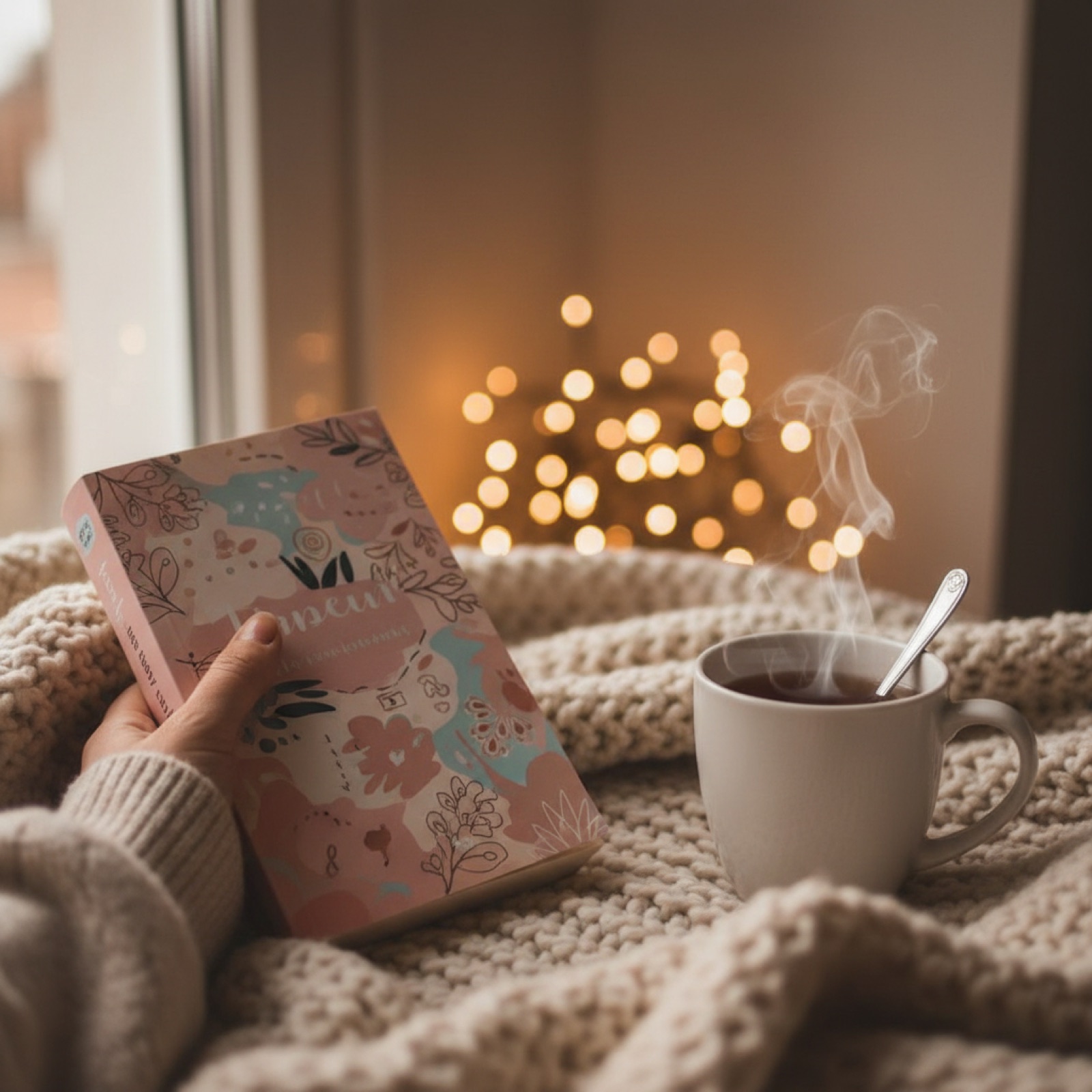 Un roman broché à couverture pastel posé sur un plaid en grosse maille — illustration de « « Honey trap » d'Olivia Miller, la double vie de Riley »