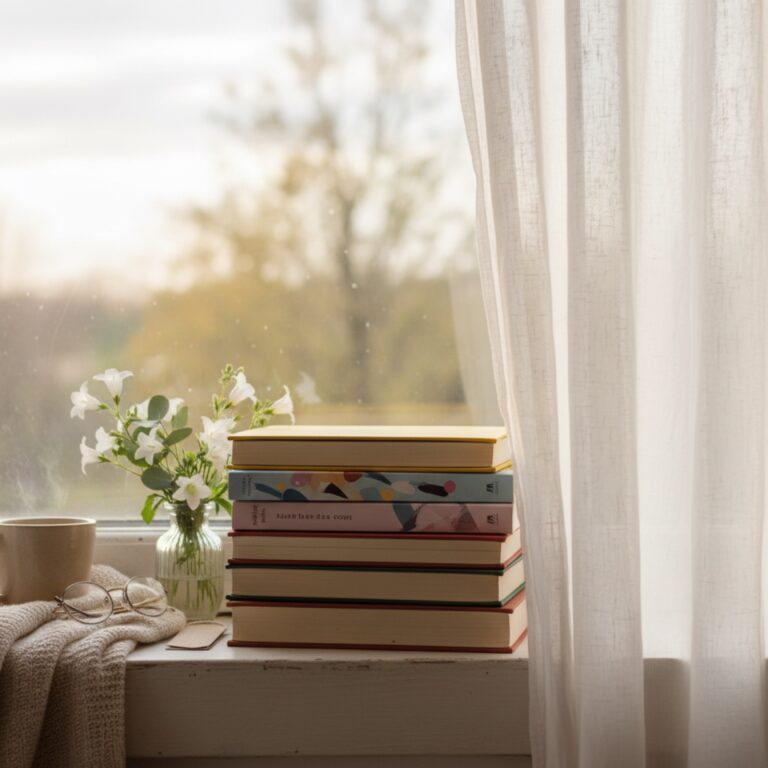 Une pile de romans aux tranches colorées sur un rebord de fenêtre — illustration de « « Close-up », une New Romance so frenchy »