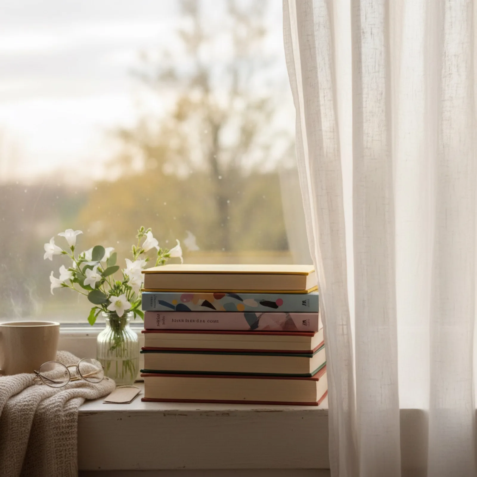 Une pile de romans aux tranches colorées sur un rebord de fenêtre — illustration de « « Close-up », une New Romance so frenchy »