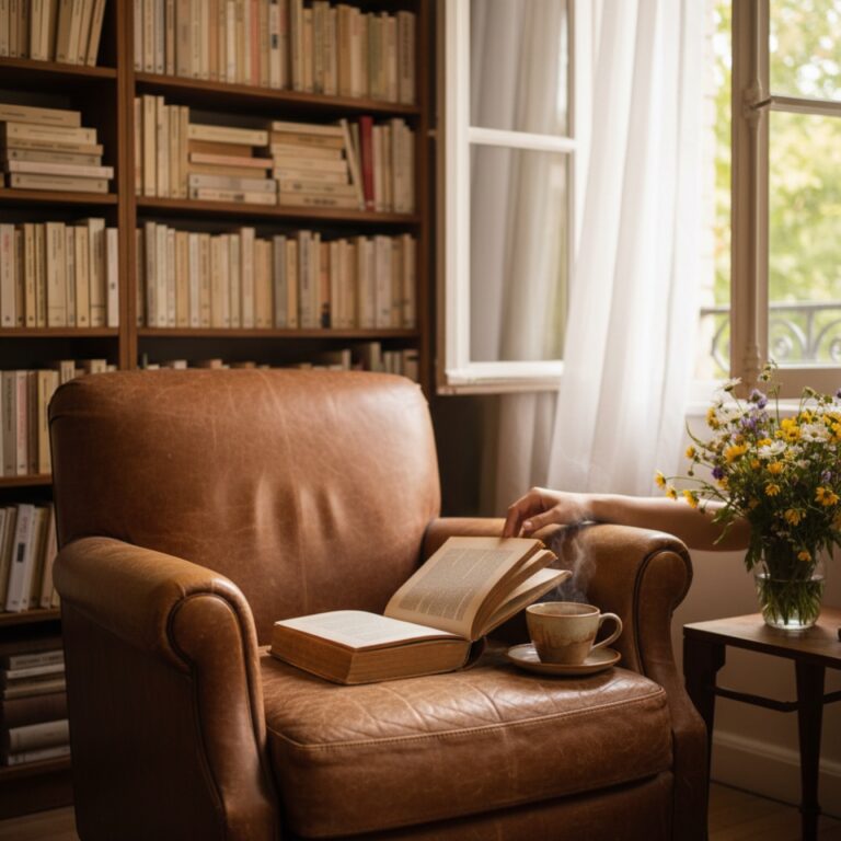 Un fauteuil en cuir dans une bibliothèque — illustration de « « Cry for help » de Liam Fost, un thriller ado qui met mal à l'aise »