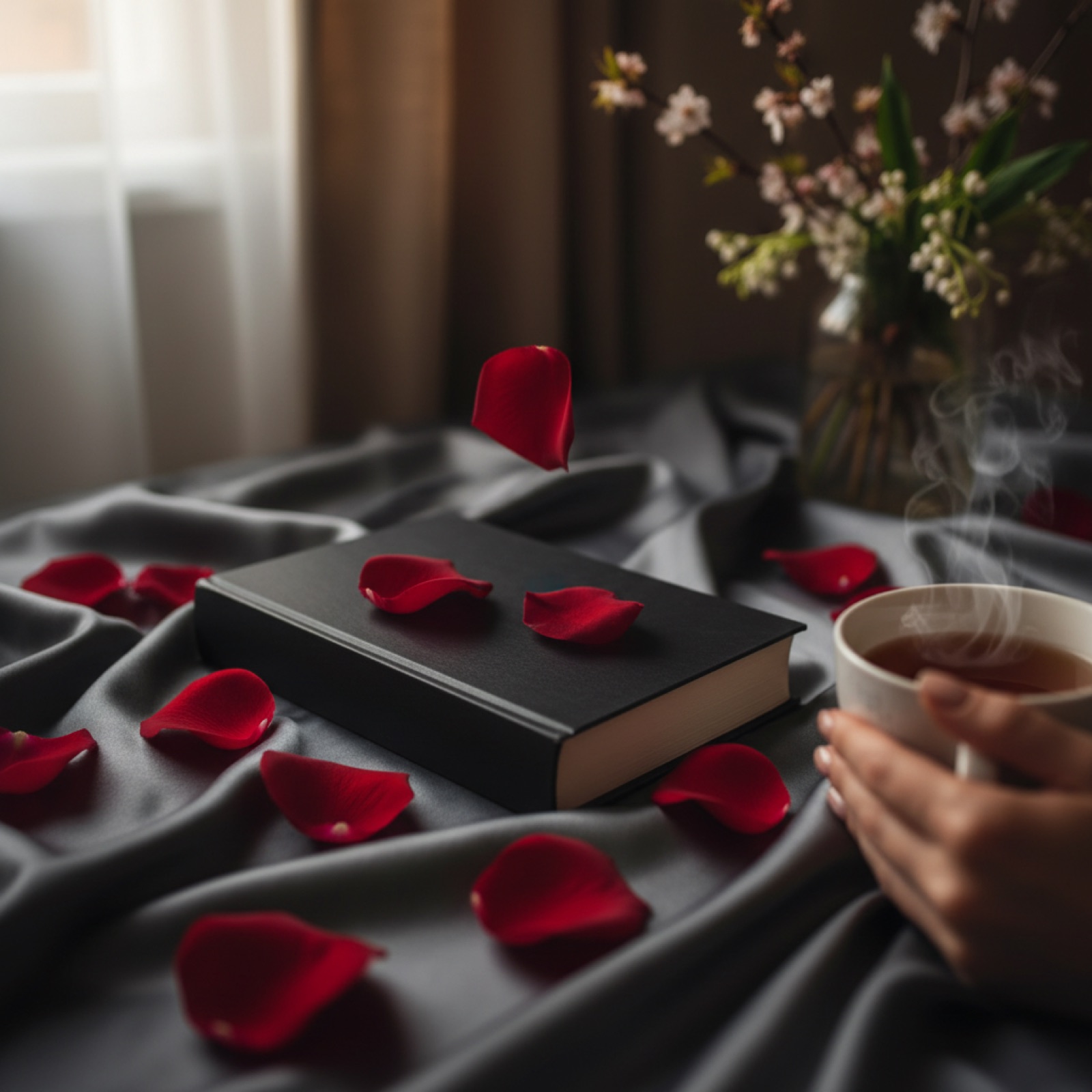 Un livre relié noir sur un drap de satin sombre — illustration de « « Dark Desires » de Zara Cox : deux hommes cassés et un club new-yorkais »