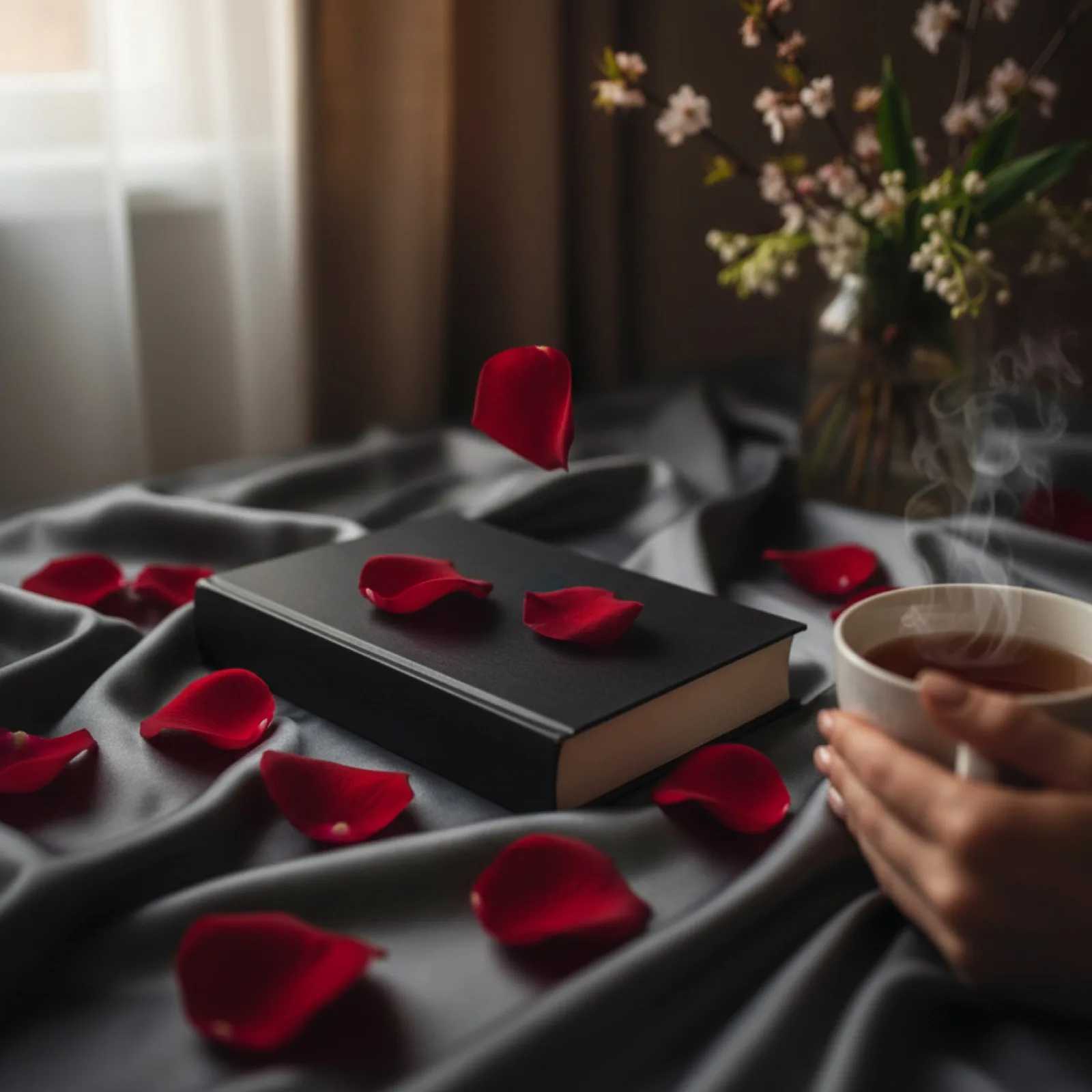 Un livre relié noir sur un drap de satin sombre — illustration de « « Dark Desires » de Zara Cox : deux hommes cassés et un club new-yorkais »