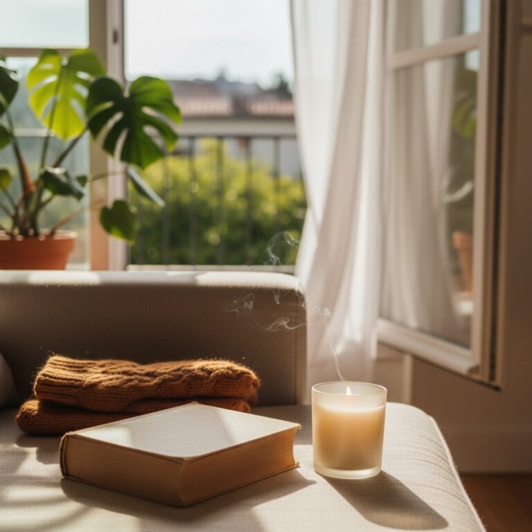 Un livre et une paire de chaussettes en laine sur un canapé — illustration de D'ici là, porte-toi bien », le nouveau roman de Carène Ponte