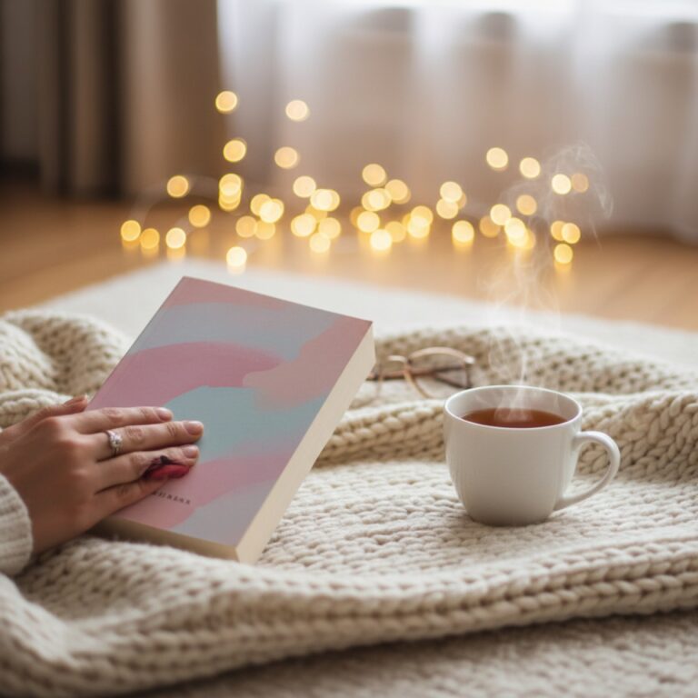 Une liseuse et un roman empilés sur une table de chevet le soir — illustration de Love and Other Words », mon gros coup de cœur