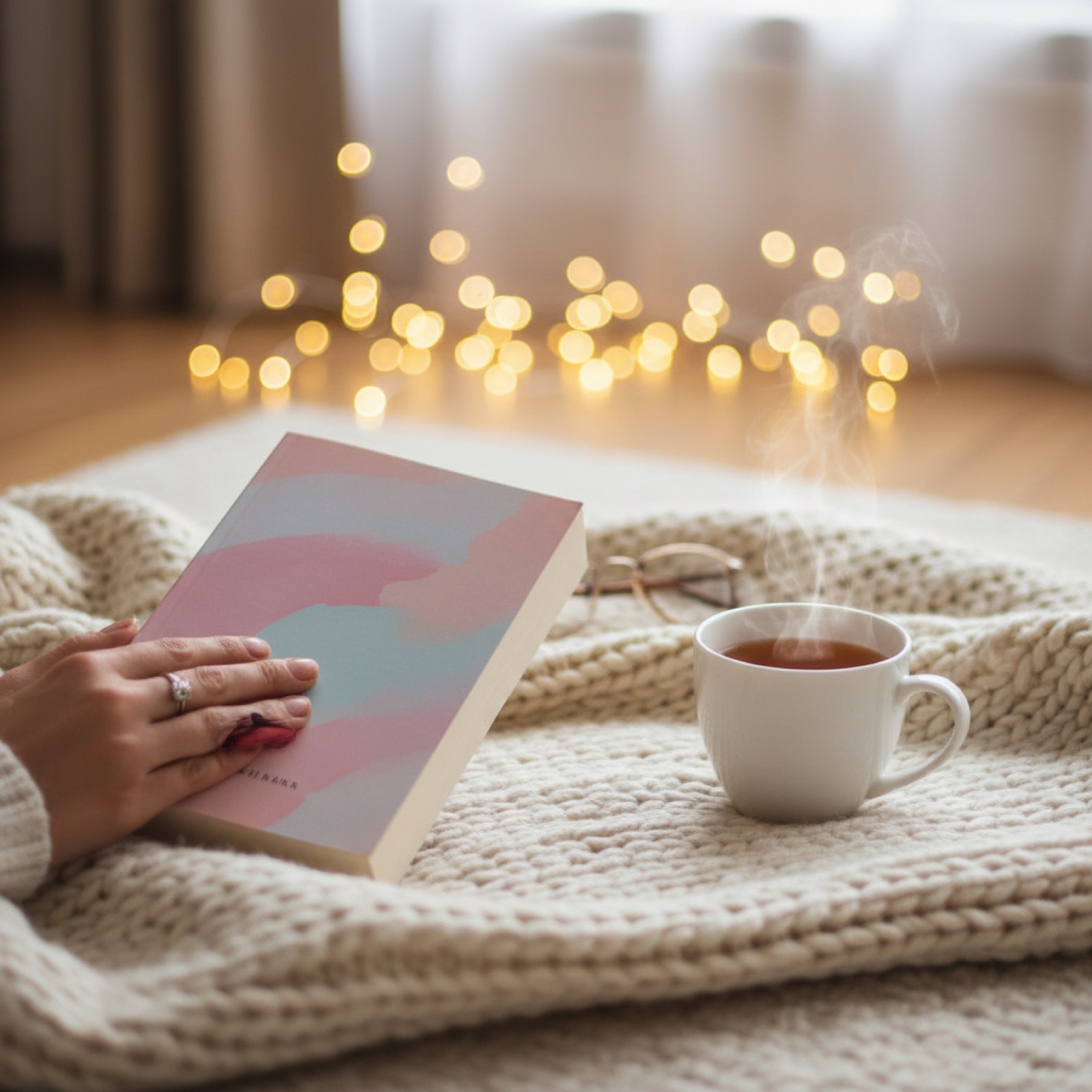 Une liseuse et un roman empilés sur une table de chevet le soir — illustration de Love and Other Words », mon gros coup de cœur