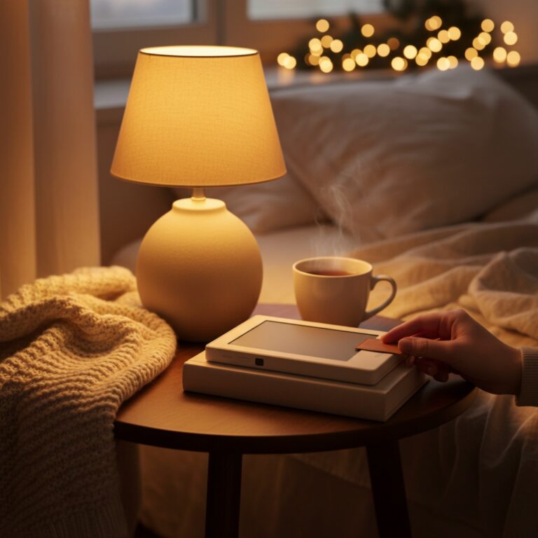 Une liseuse et un roman empilés sur une table de chevet le soir — illustration de « « Ma pire ennemie » de Tara Jones : vivre avec le nom d'une meurtrière »