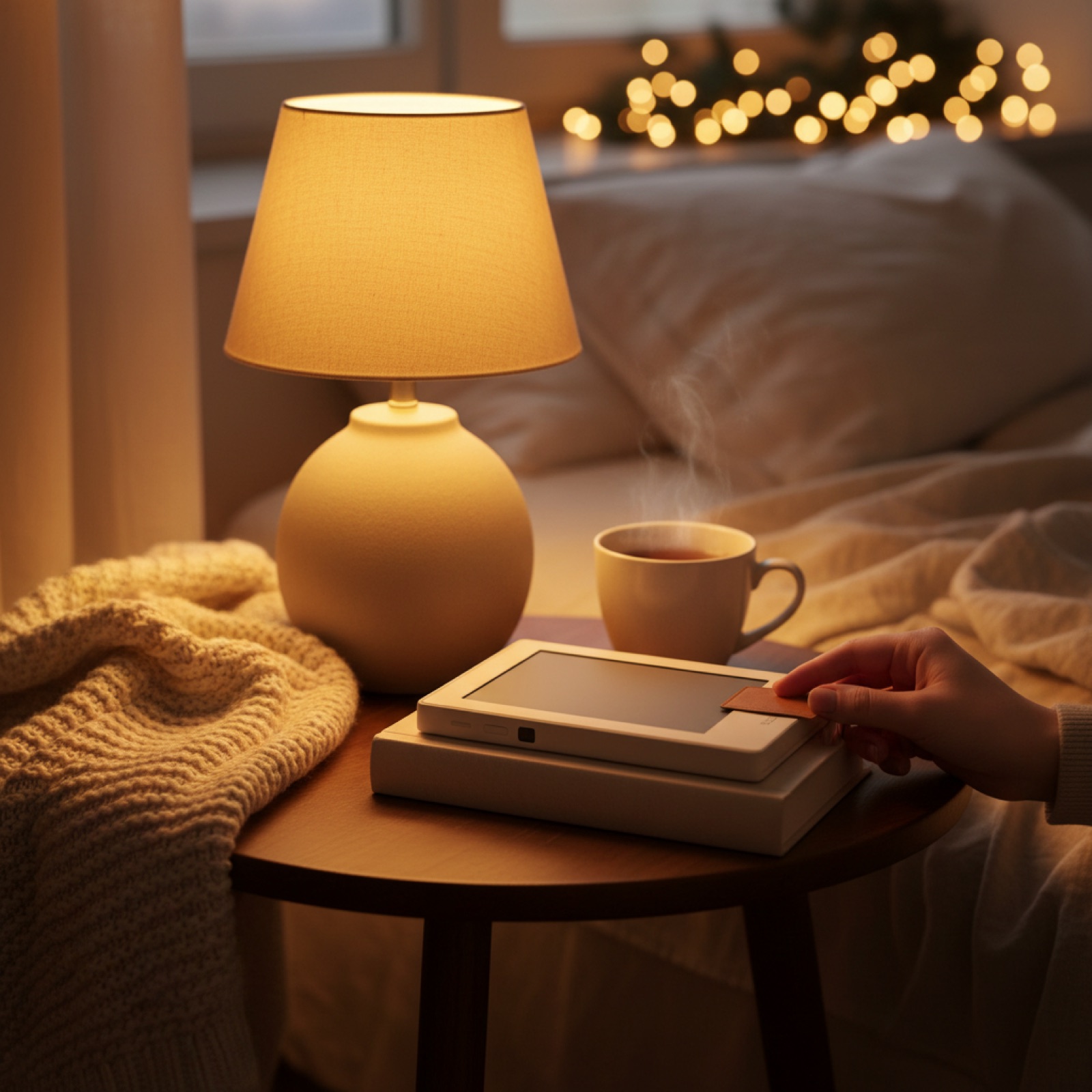 Une liseuse et un roman empilés sur une table de chevet le soir — illustration de « « Ma pire ennemie » de Tara Jones : vivre avec le nom d'une meurtrière »