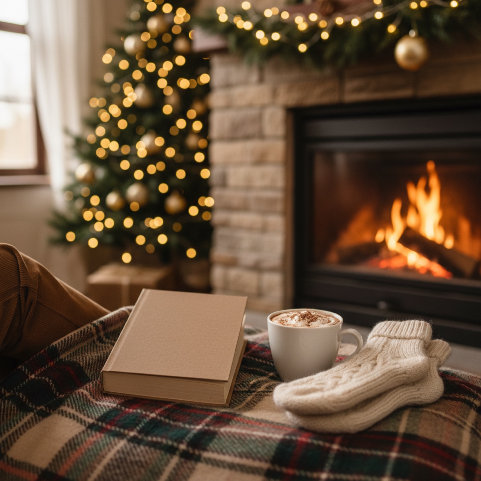 Un roman posé sur un plaid écossais près d'une cheminée — illustration de Unexpected Christmas », la new romance de Noël !