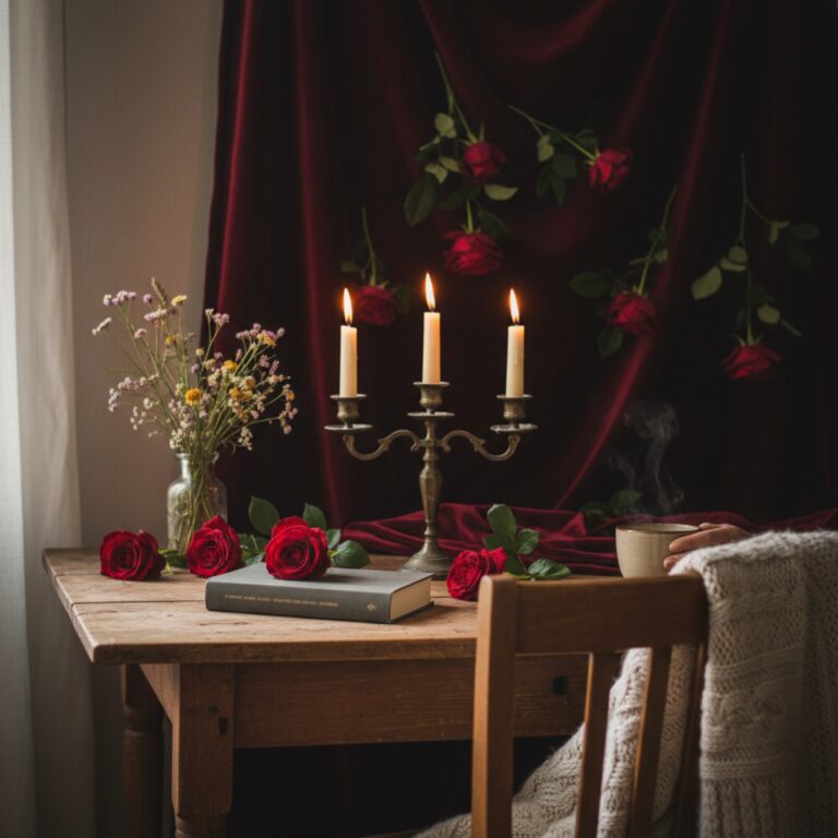 Un roman sombre posé près d'un chandelier aux bougies allumées — illustration de « « Black feelings tome 2 » de Mo Gadarr : dépression et reconstruction sur Oléron »