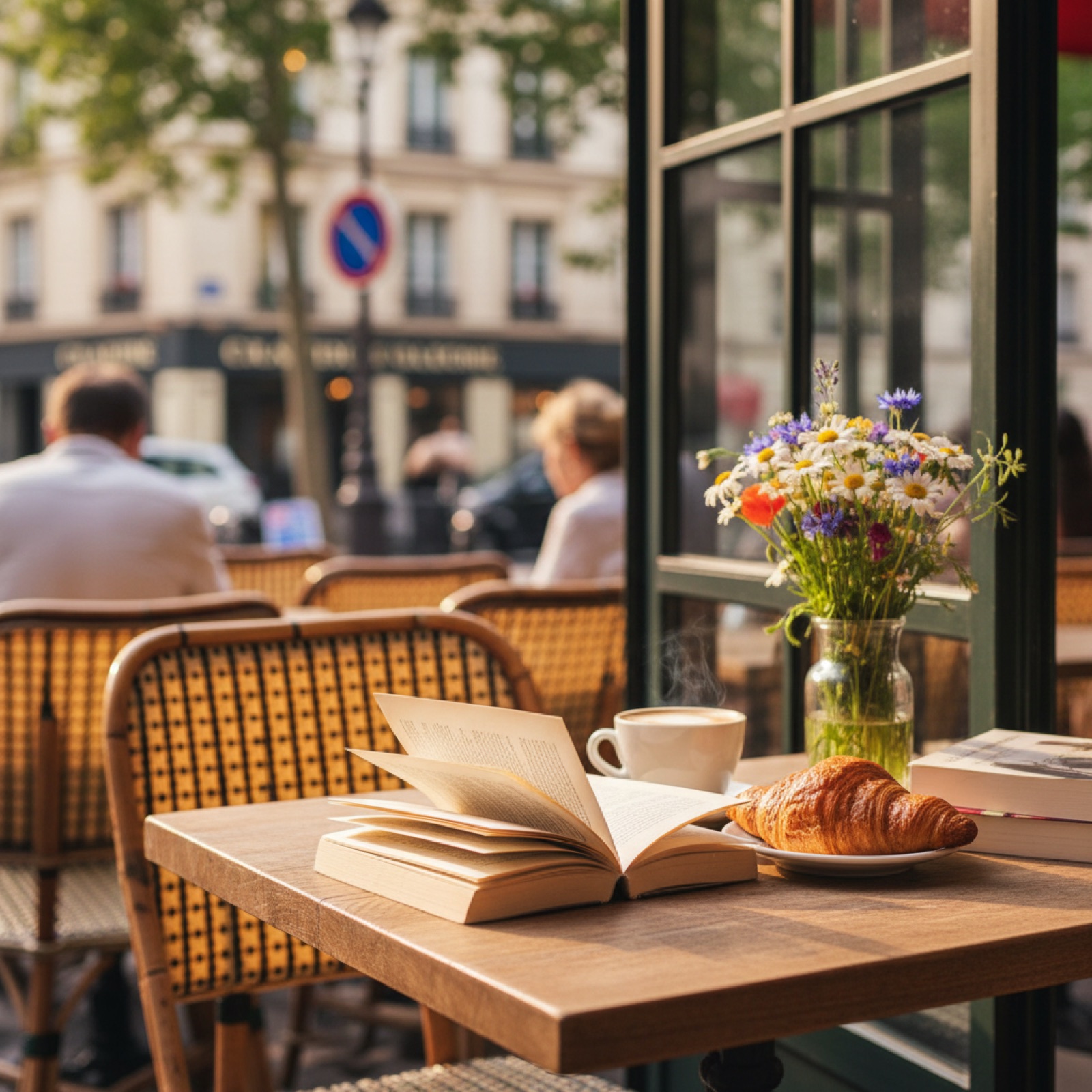 Un livre ouvert sur une table de café parisien en terrasse — illustration de « « La toute première fois » : le premier roman de Cameron Lund »